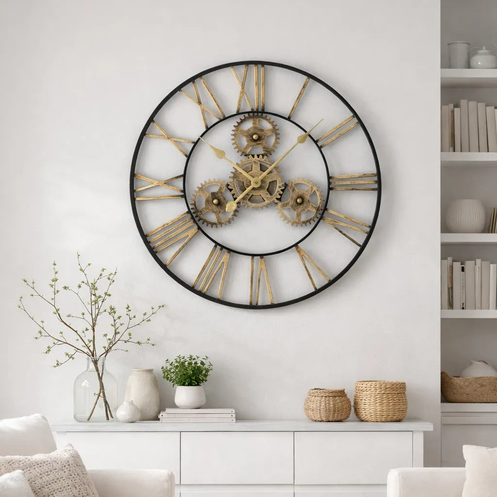 Large decorative wall clock with gold gears in a living room setting.
