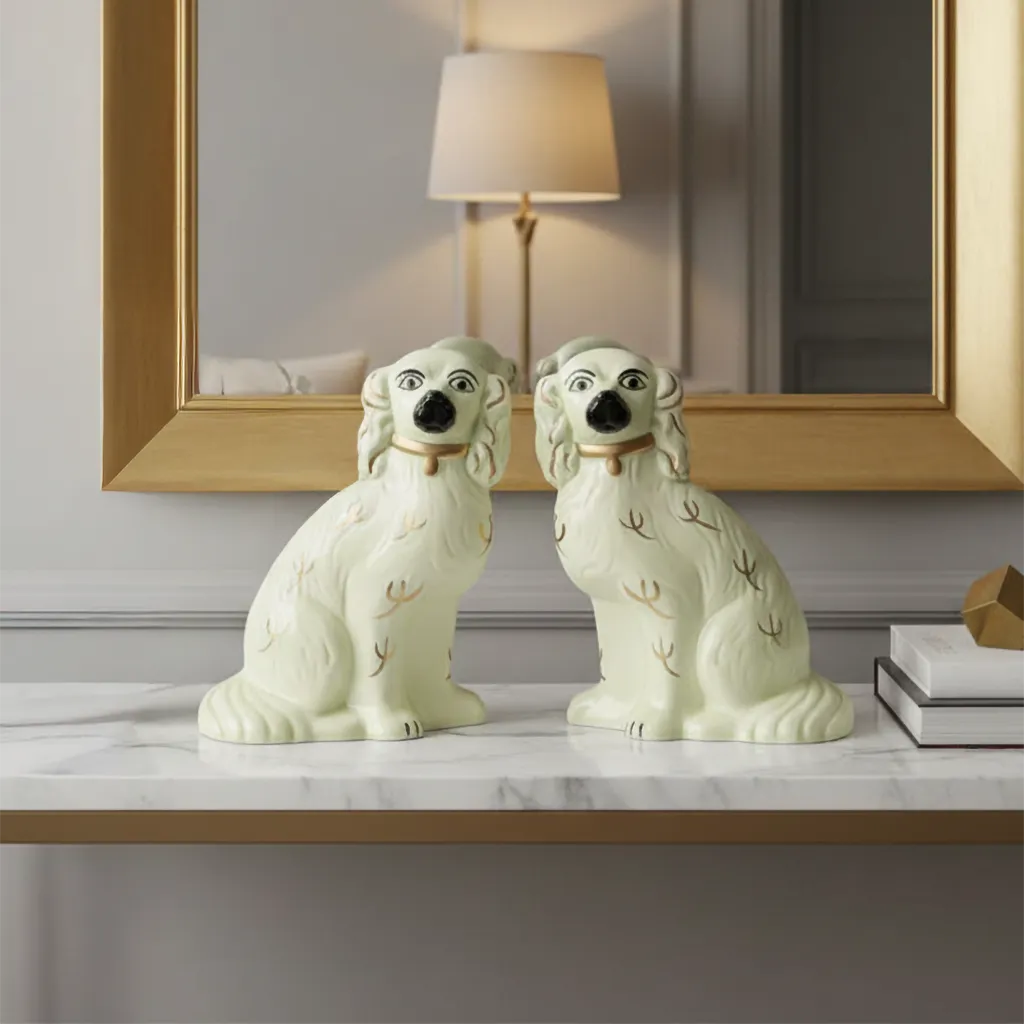 Two Ivory & Gold Staffordshire Dog statues on a marble surface with a lamp and mirror in the background.