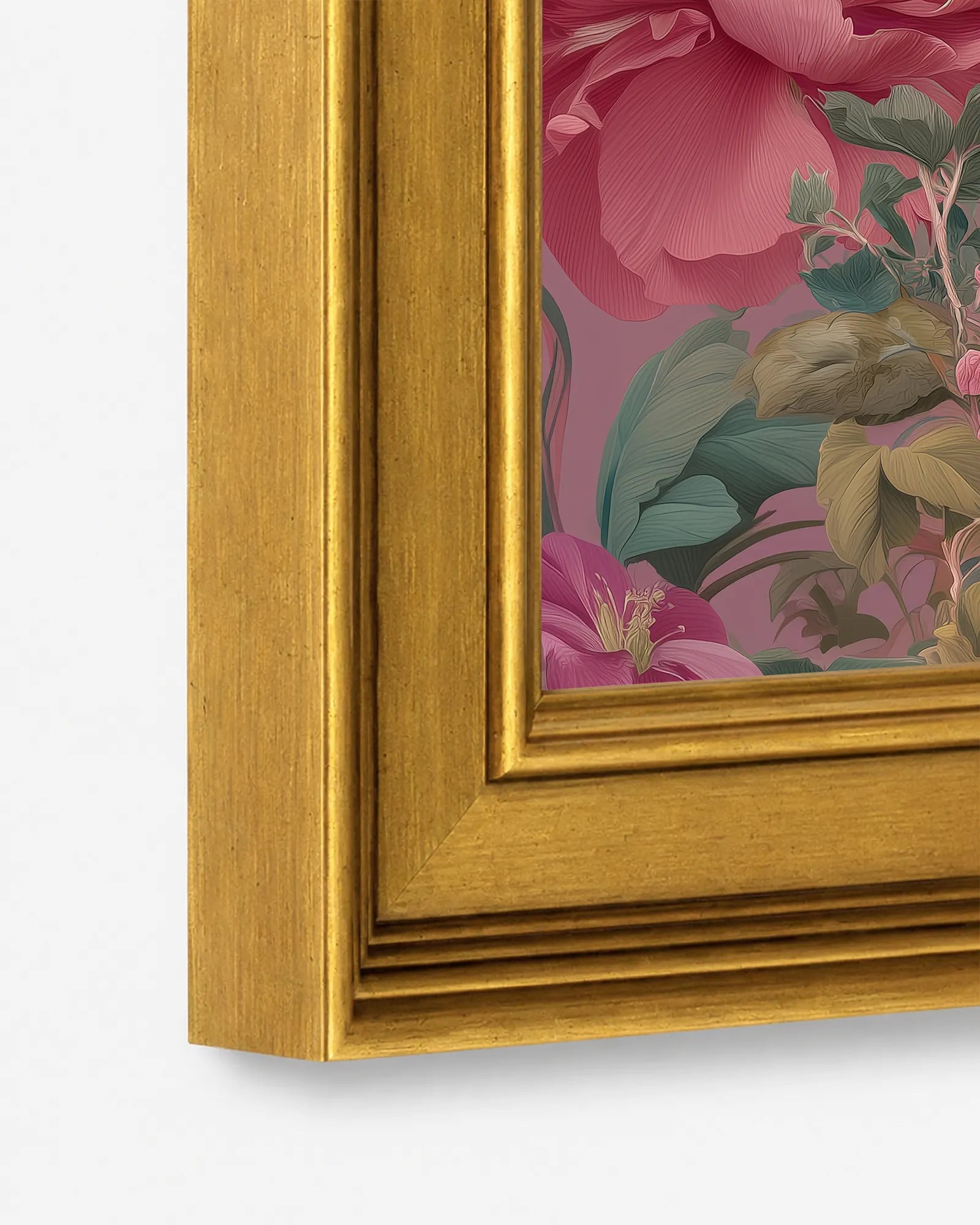 Close-up detail of the burnished antique gold wood frame used for Jewel Dove in Pink Peonies framed wall art, showing the profile, finish, and craftsmanship.