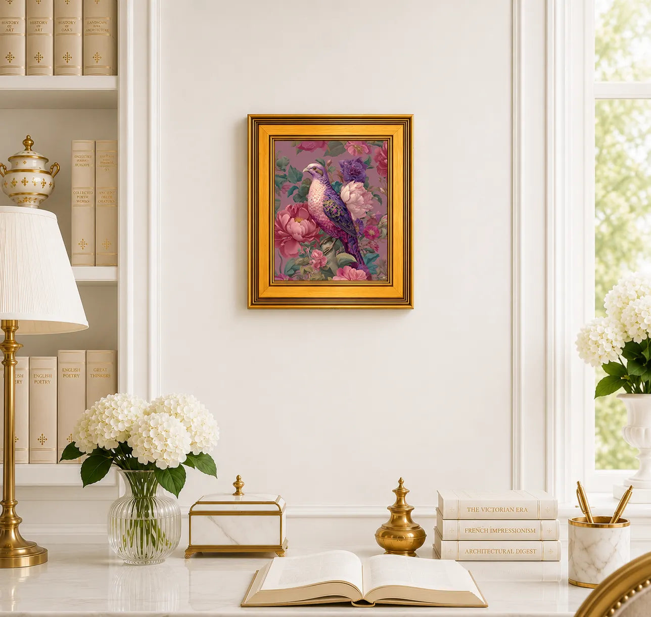 Small Jewel Dove in Pink Peonies framed wall art displayed in an elegant traditional study with antique books, peonies, brass accents, and a burnished antique gold frame.
