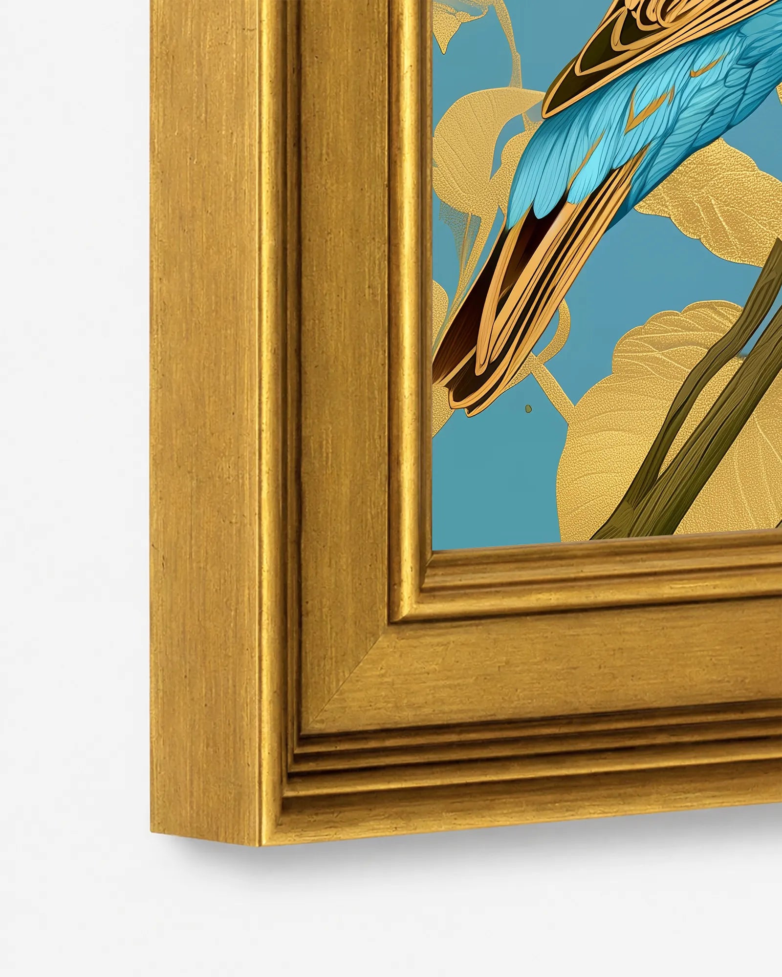 Close-up detail of the burnished antique gold wood frame used for Jewel Finches in Wild Lilac framed wall art, showing the profile, finish, and craftsmanship.