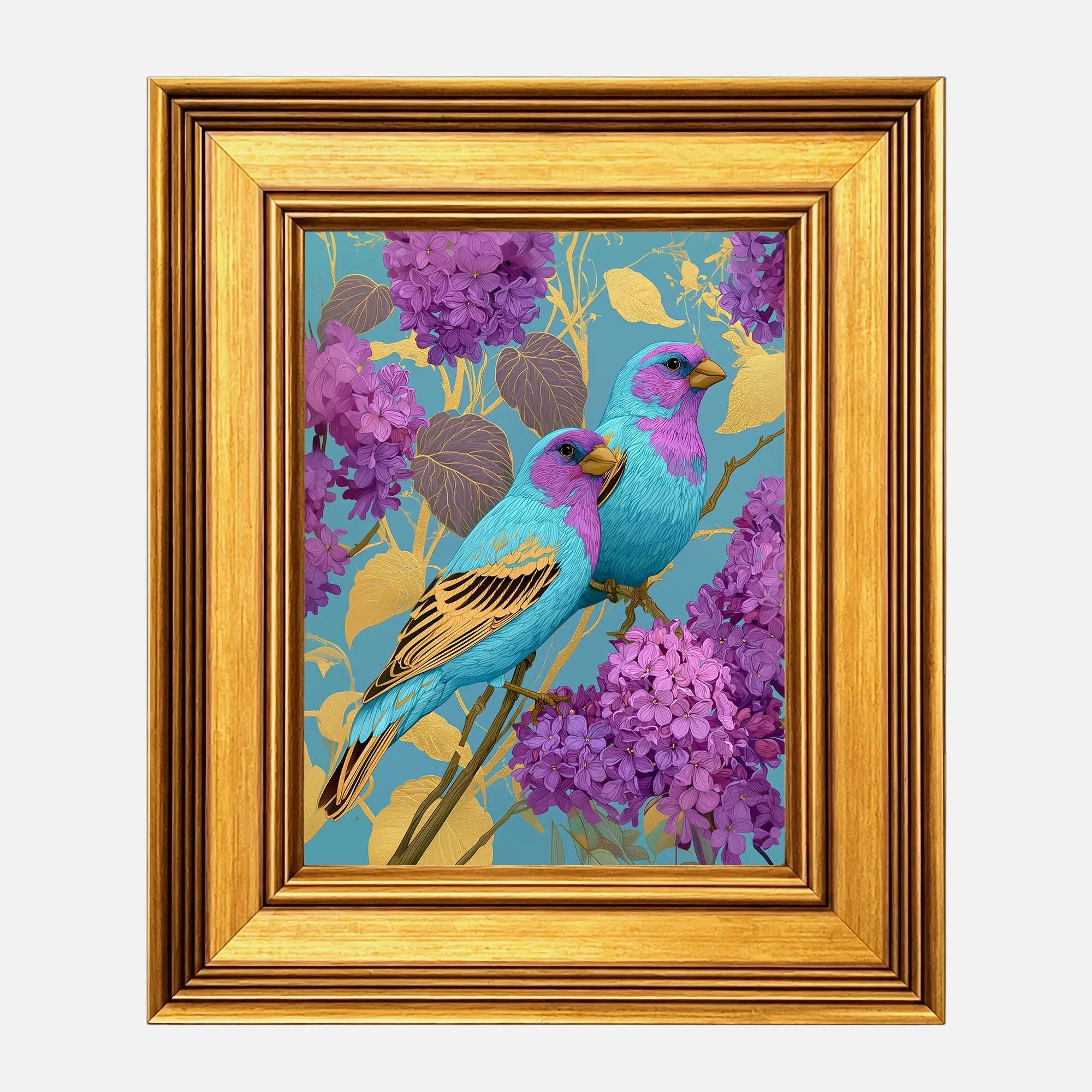 Jewel Finches in Wild Lilac framed wall art in a burnished antique gold frame, 8 x 10 inch print size with 11.5 x 13.5 inch framed dimensions.