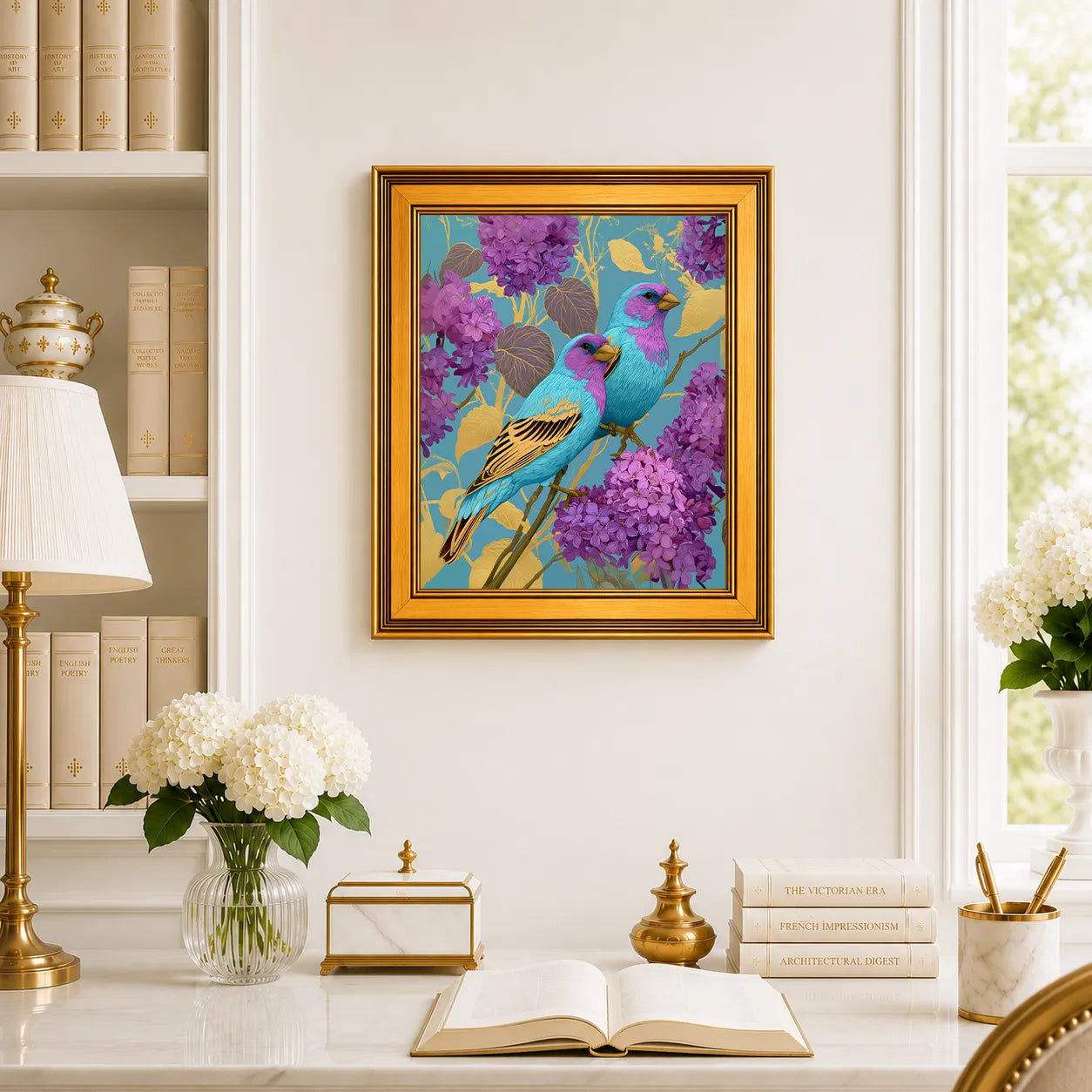 Jewel Finches in Wild Lilac framed wall art displayed above a traditional desk with peonies, books, brass decor, and a burnished antique gold frame.