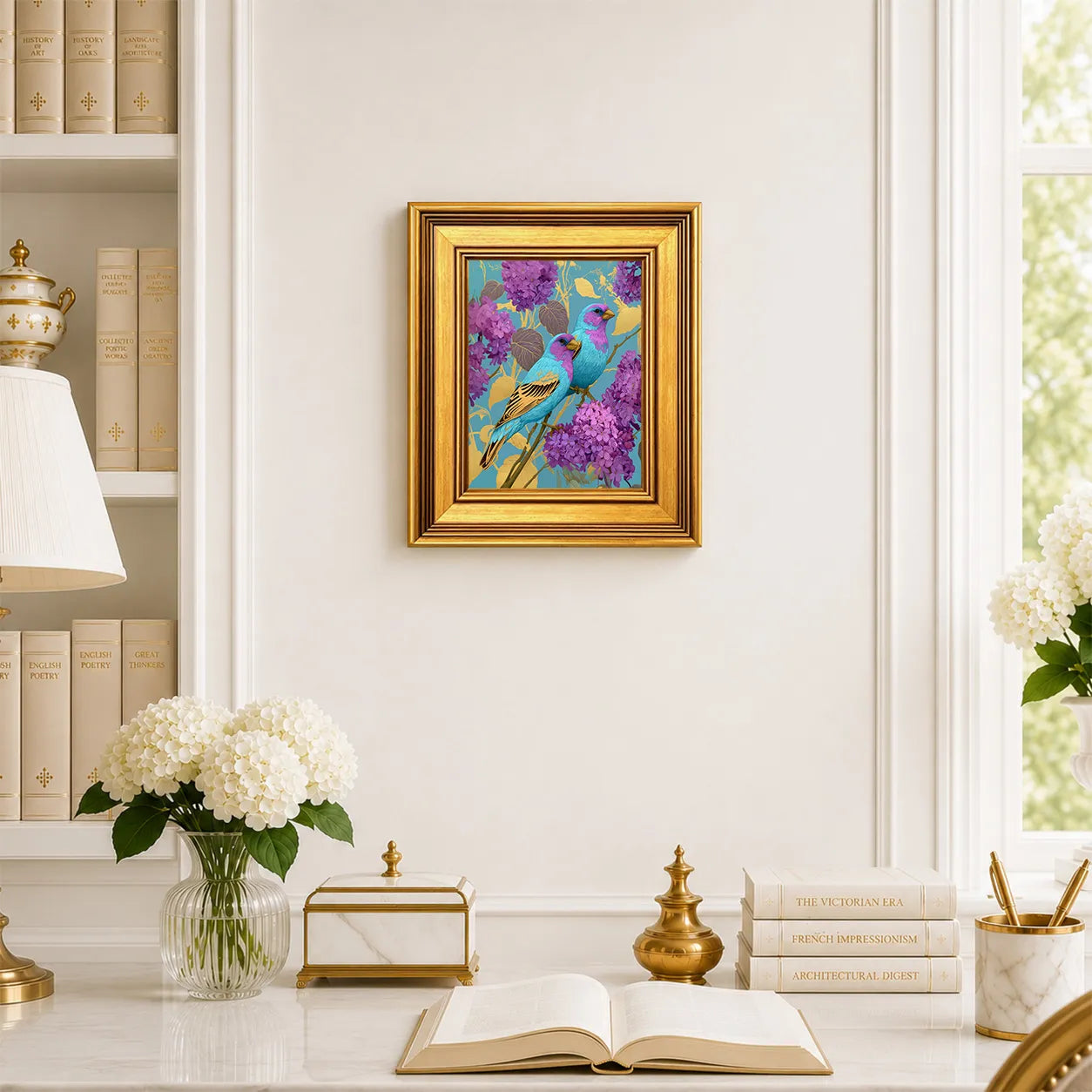 Small Jewel Finches in Wild Lilac framed wall art displayed in an elegant traditional study with antique books, peonies, brass accents, and a burnished antique gold frame.