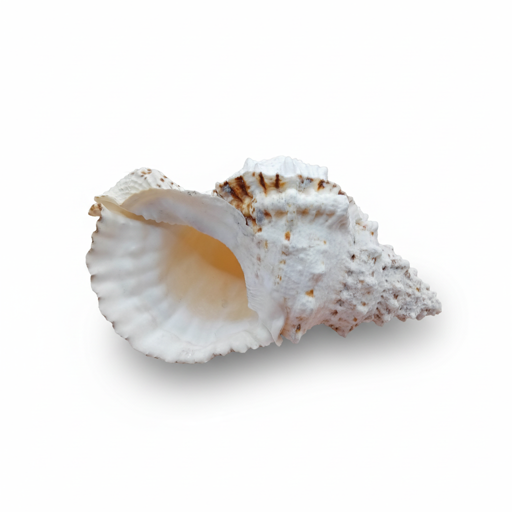 White conch shell with brown accents on a white background