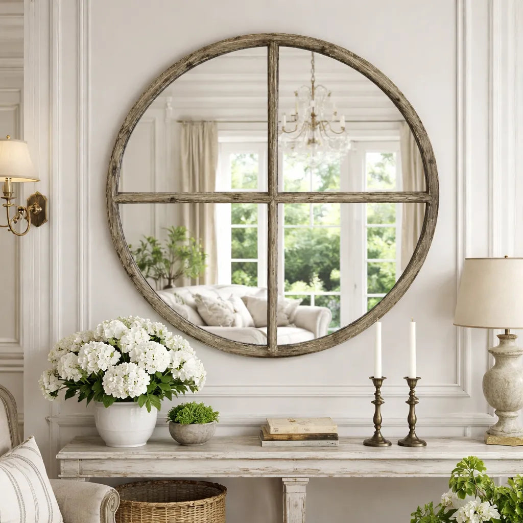 Round wooden-framed mirror on a wall with decorative items below.