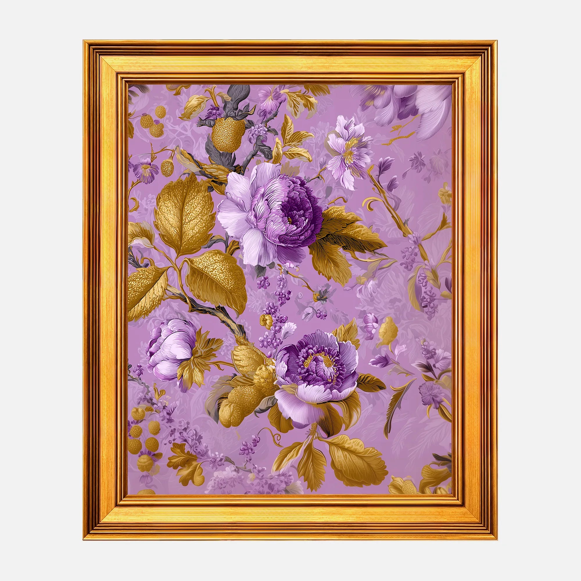 Lavender Jewel Peonies framed wall art in a burnished antique gold frame, 16 x 20 inch print size with 19.5 x 23.5 inch framed dimensions.