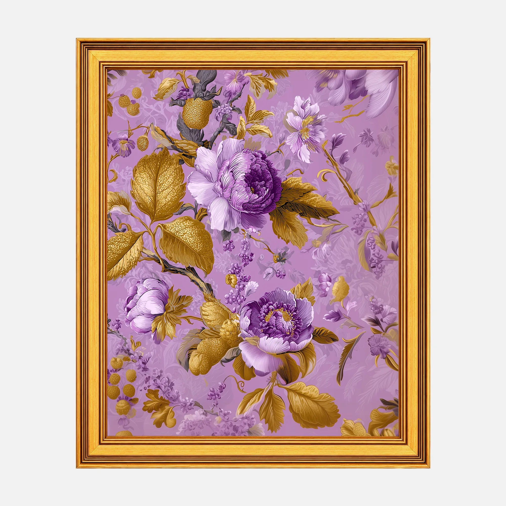 Lavender Jewel Peonies framed fine art print in a burnished antique gold frame, 20 x 25 inch print size with 23.5 x 28.5 inch framed dimensions.