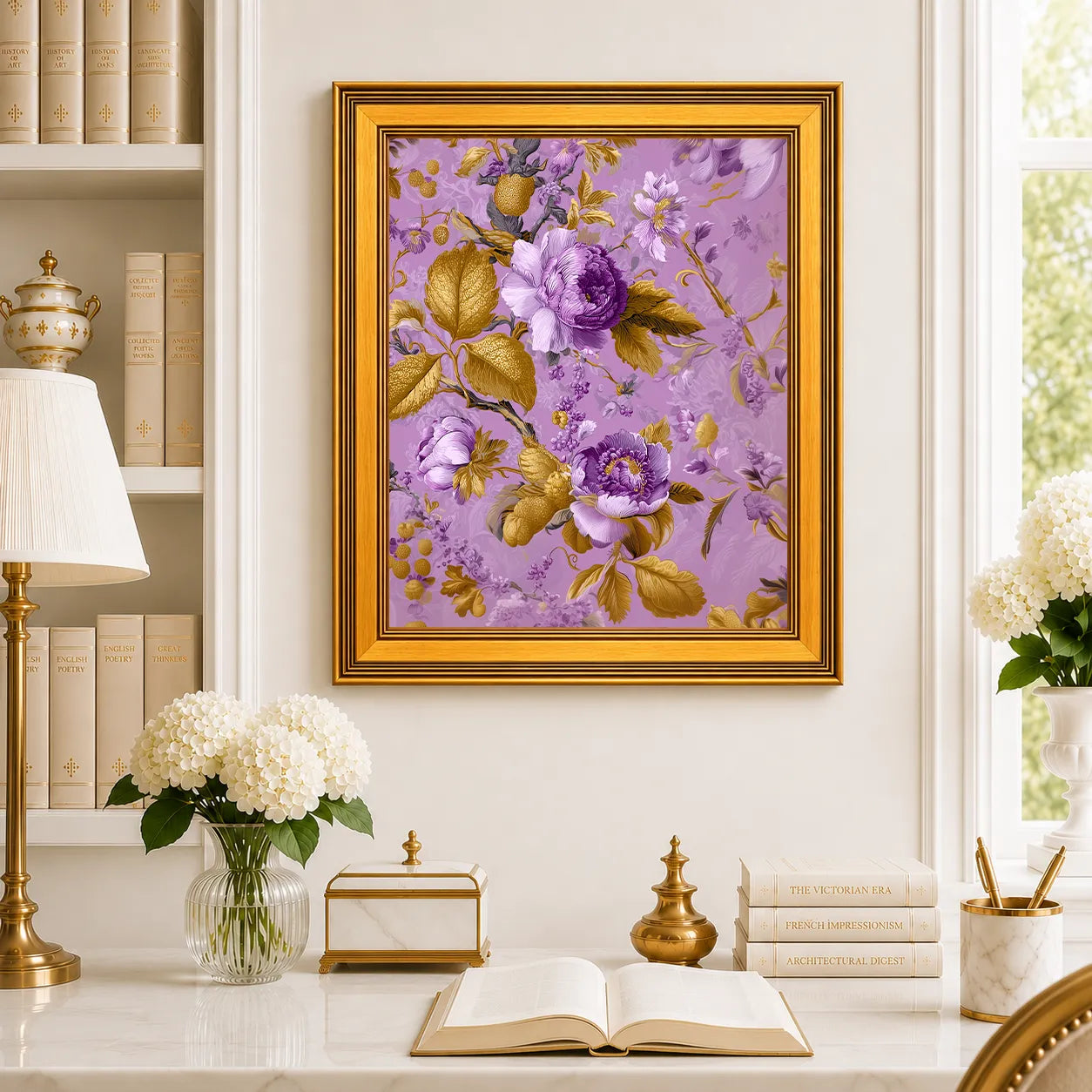 Large Lavender Jewel Peonies framed wall art displayed in a traditional study with peonies, antique books, brass accents, and a burnished antique gold frame.