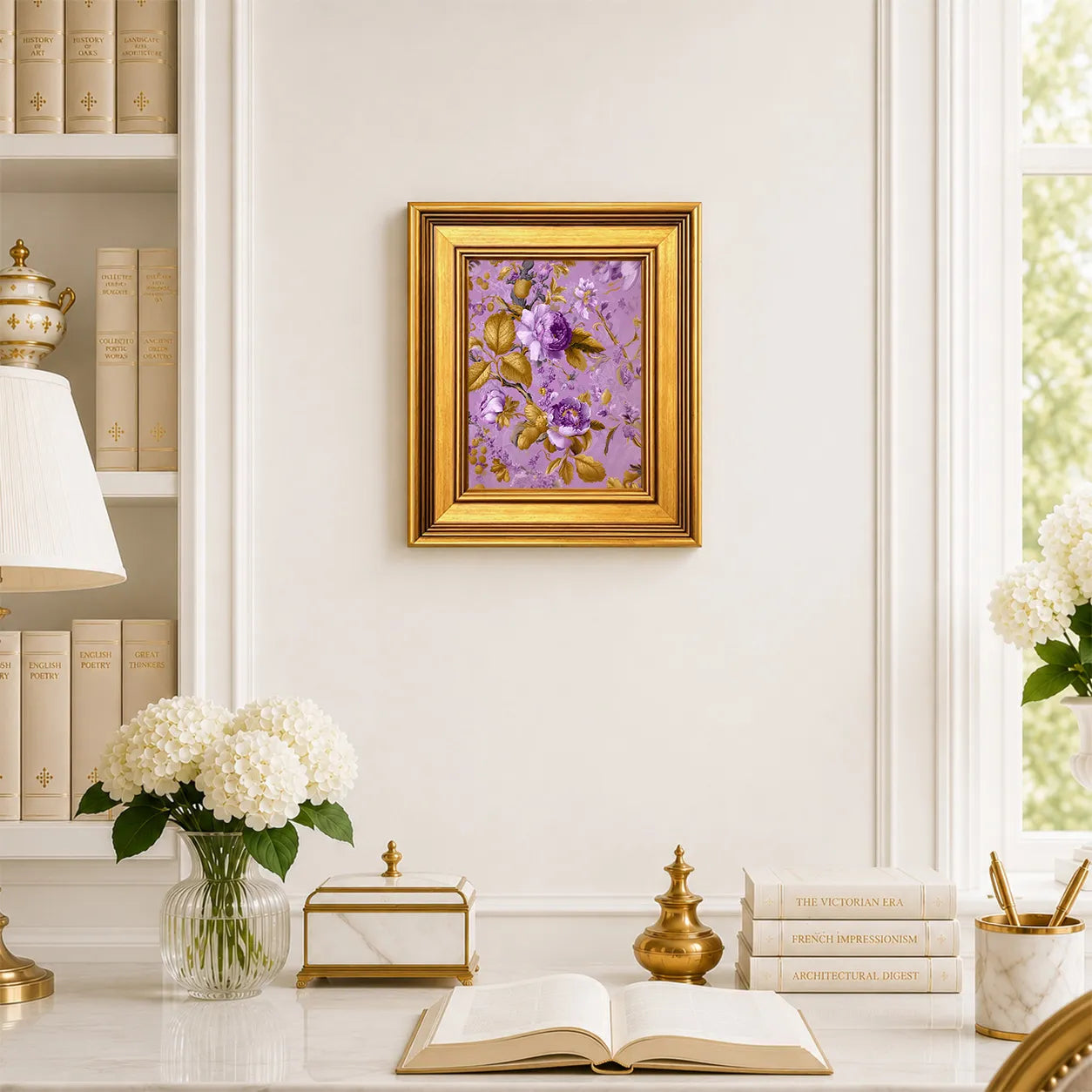 Small Lavender Jewel Peonies framed wall art displayed in an elegant traditional study with antique books, peonies, brass accents, and a burnished antique gold frame.