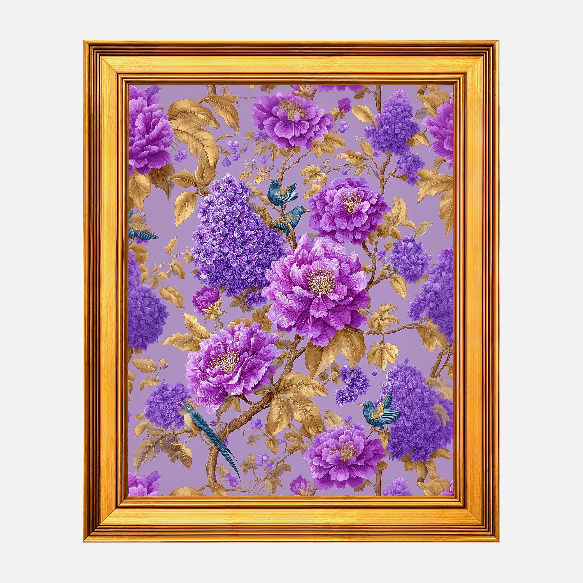 Lavender Lilac Peonies framed wall art in a burnished antique gold frame, 16 x 20 inch print size with 19.5 x 23.5 inch framed dimensions.