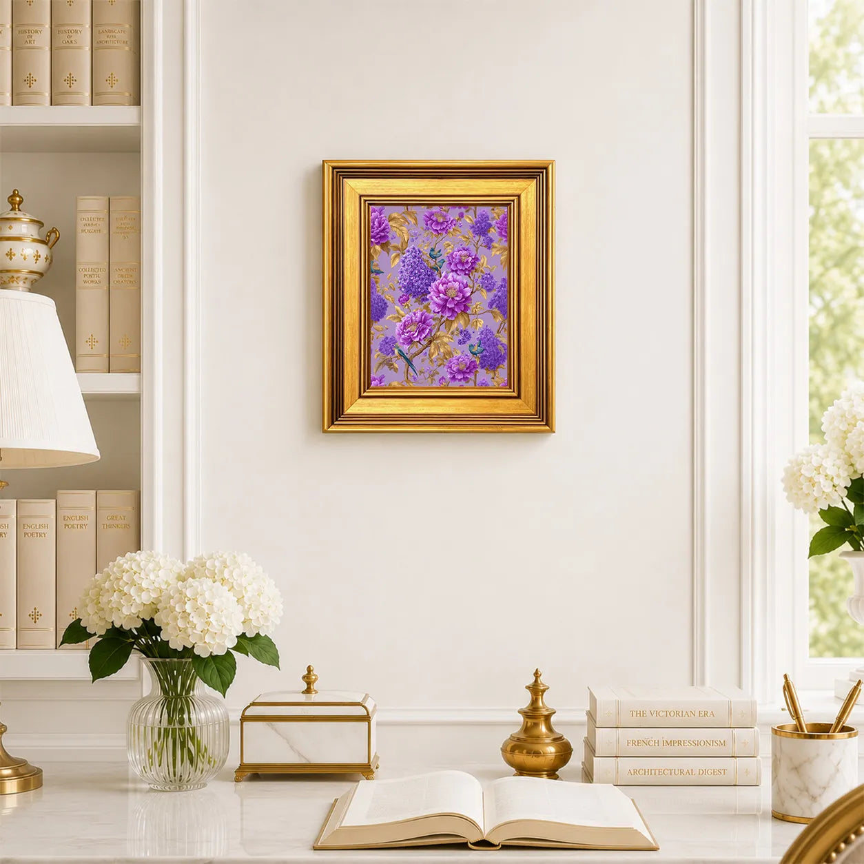 Small Lavender Lilac Peonies framed wall art displayed in an elegant traditional study with antique books, peonies, brass accents, and a burnished antique gold frame.