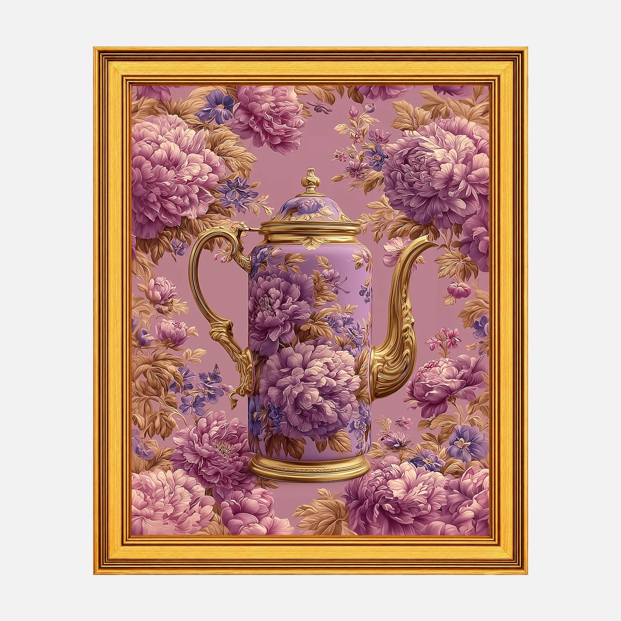 Lavender Peonies Coffee Pot framed fine art print in a burnished antique gold frame, 20 x 25 inch print size with 23.5 x 28.5 inch framed dimensions.