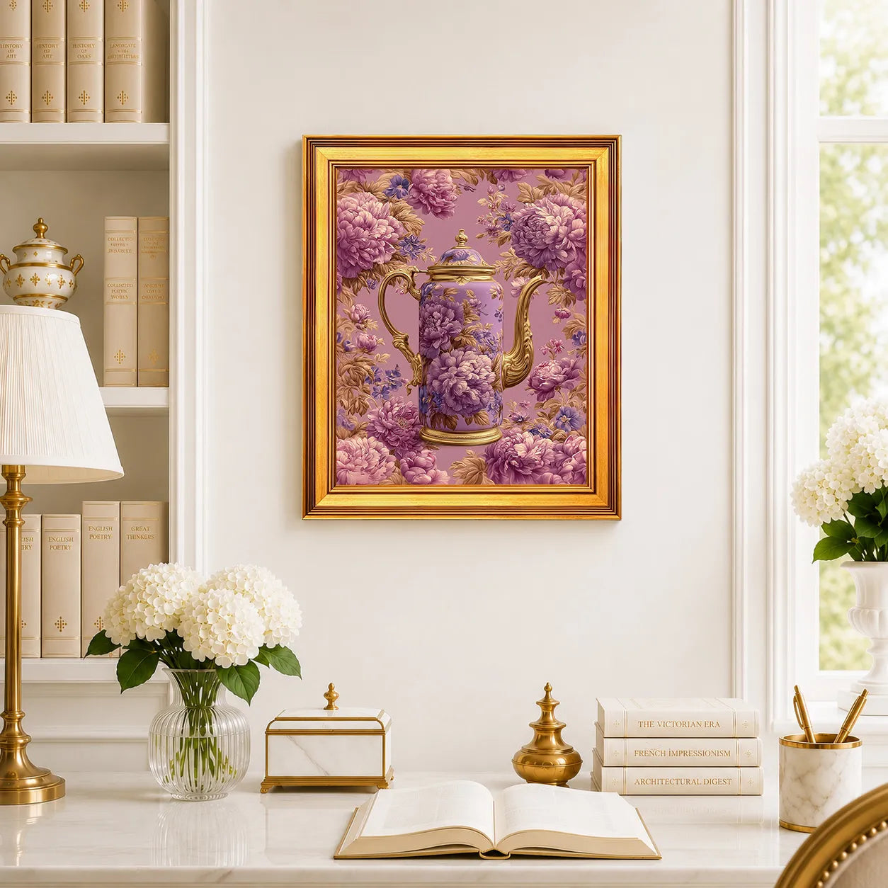 Lavender Peonies Coffee Pot framed wall art displayed above a traditional desk with peonies, books, brass decor, and a burnished antique gold frame.