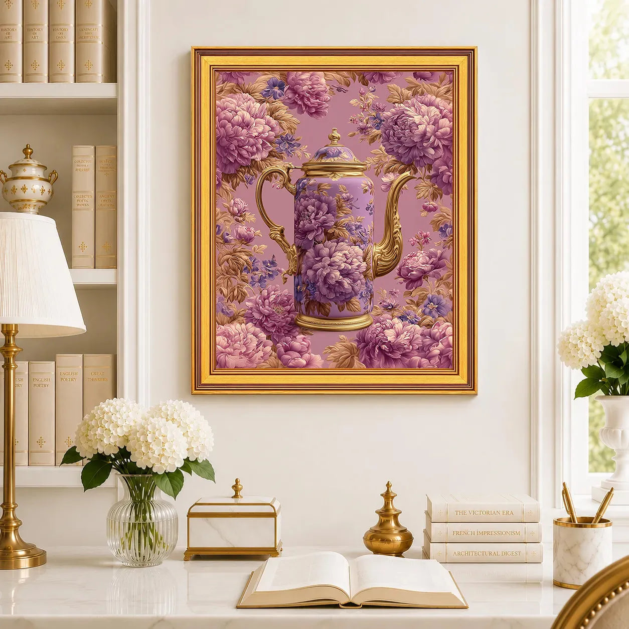 Large Lavender Peonies Coffee Pot framed wall art displayed in a traditional study with peonies, antique books, brass accents, and a burnished antique gold frame.