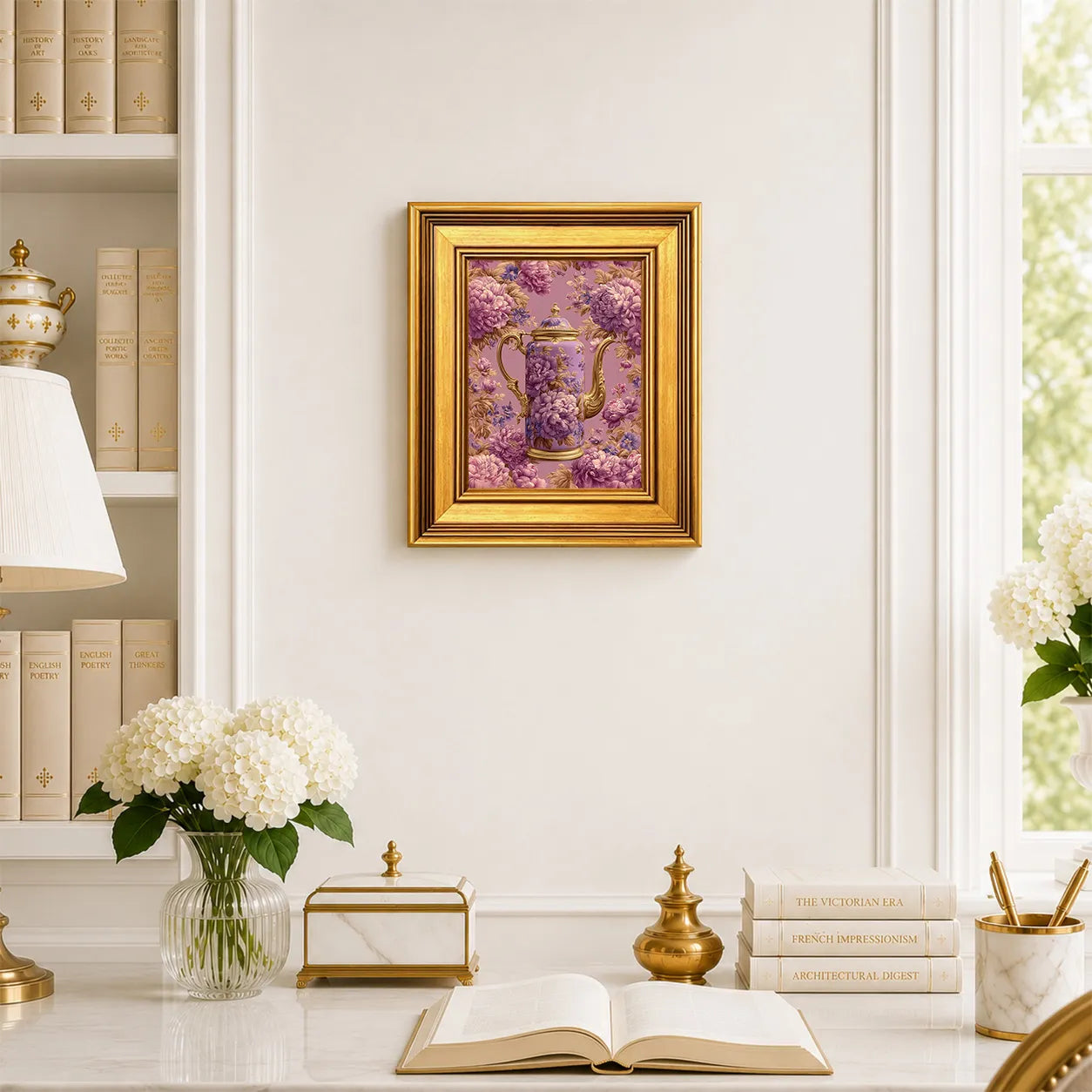 Small Lavender Peonies Coffee Pot framed wall art displayed in an elegant traditional study with antique books, peonies, brass accents, and a burnished antique gold frame.