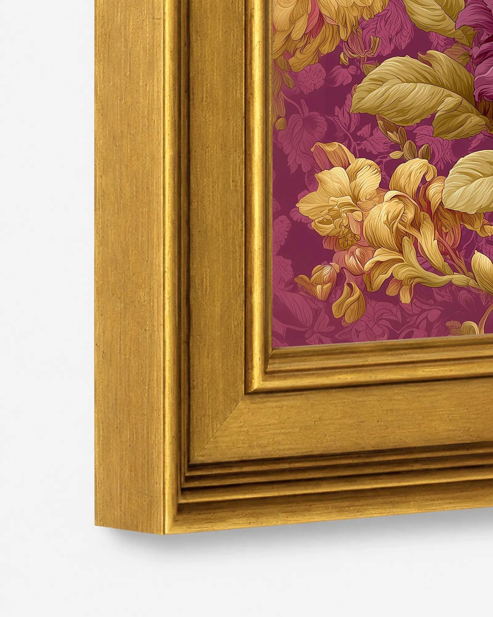 Close-up detail of the burnished antique gold wood frame used for Leopard in Plum Peonies framed wall art, showing the profile, finish, and craftsmanship.