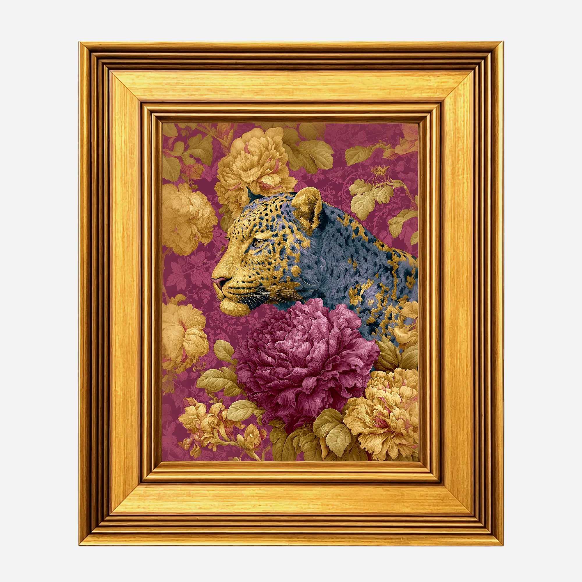 Leopard in Plum Peonies framed wall art in a burnished antique gold frame, 8 x 10 inch print size with 11.5 x 13.5 inch framed dimensions.