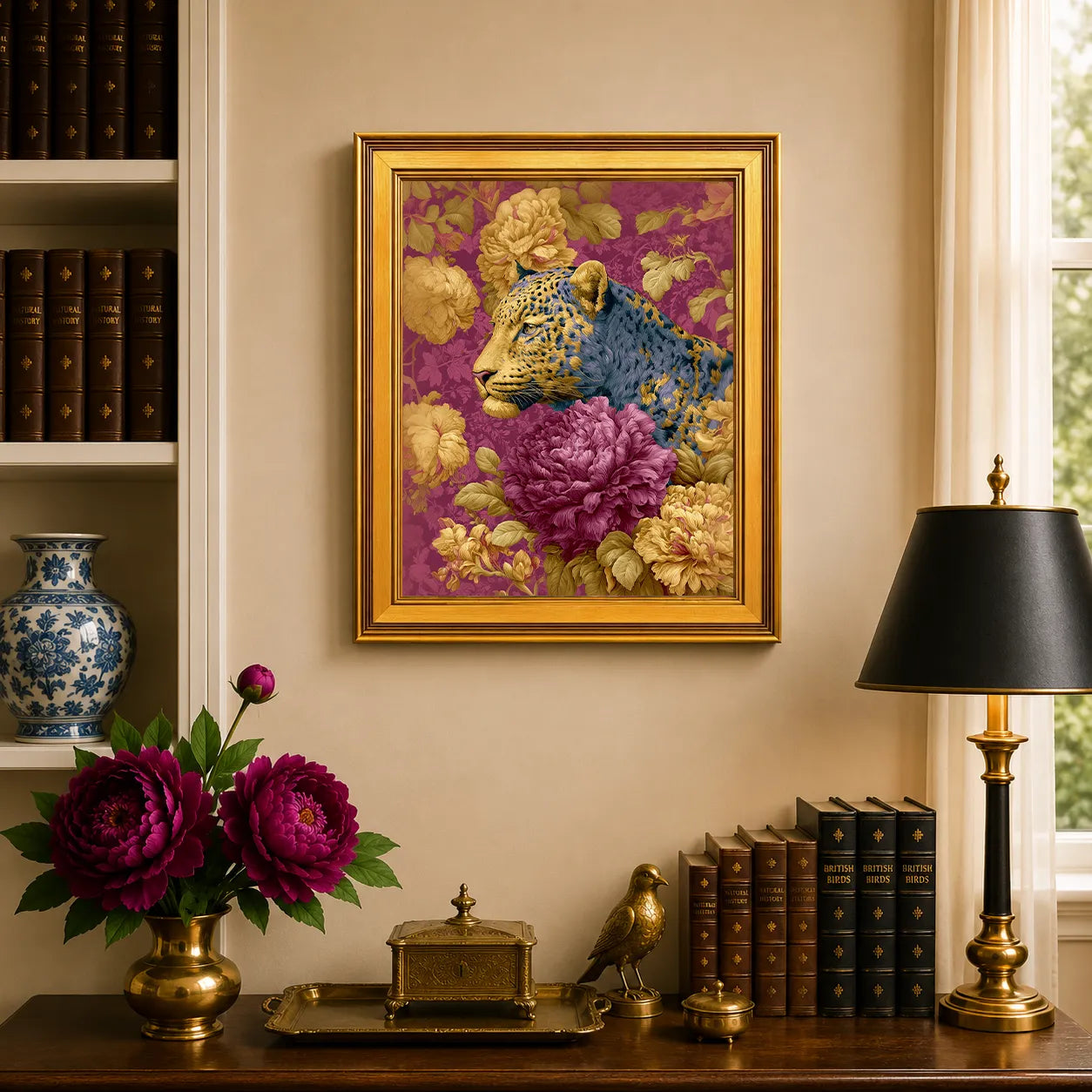 Leopard in Plum Peonies framed wall art displayed above a traditional desk with peonies, books, brass decor, and a burnished antique gold frame.