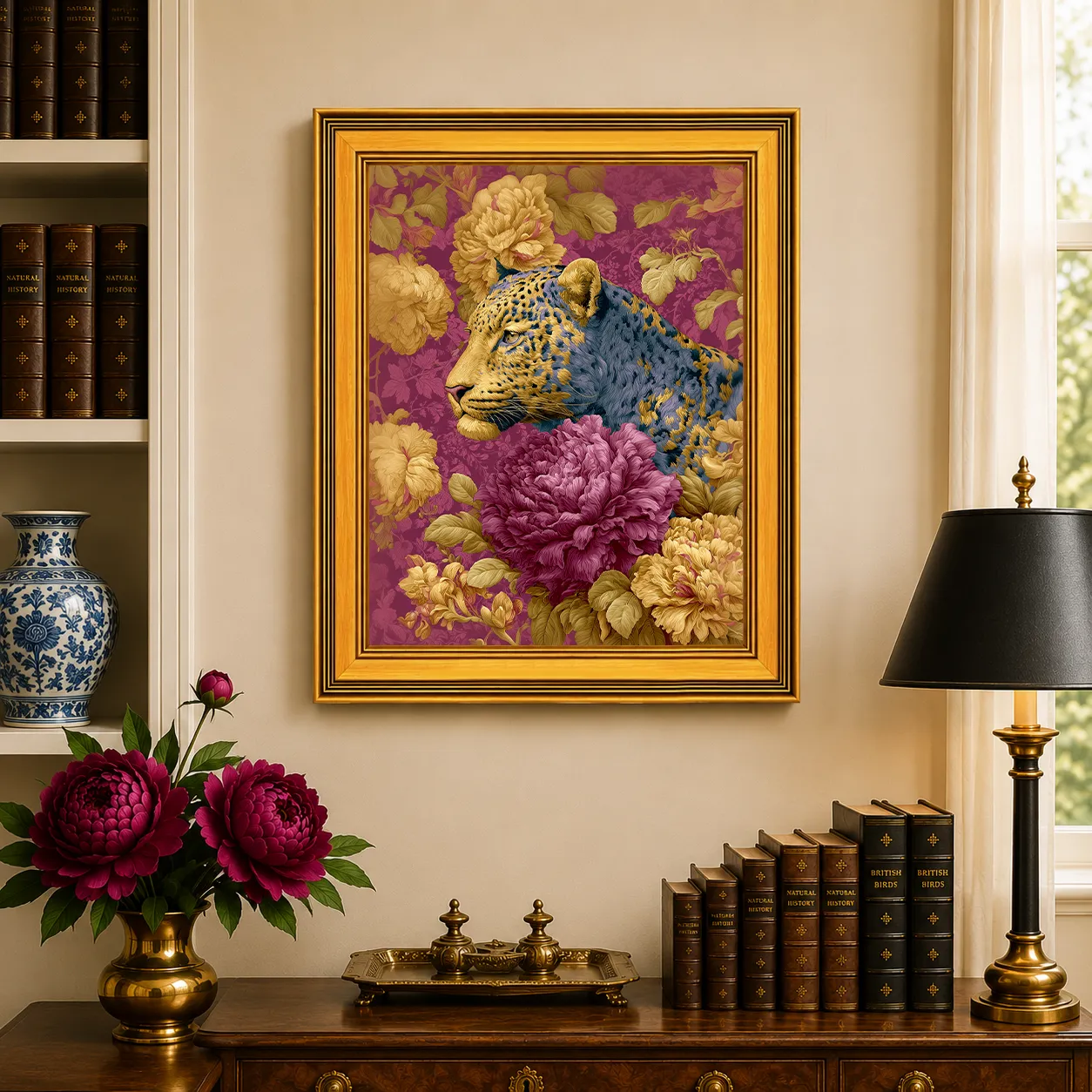 Large Leopard in Plum Peonies framed wall art displayed in a traditional study with peonies, antique books, brass accents, and a burnished antique gold frame.