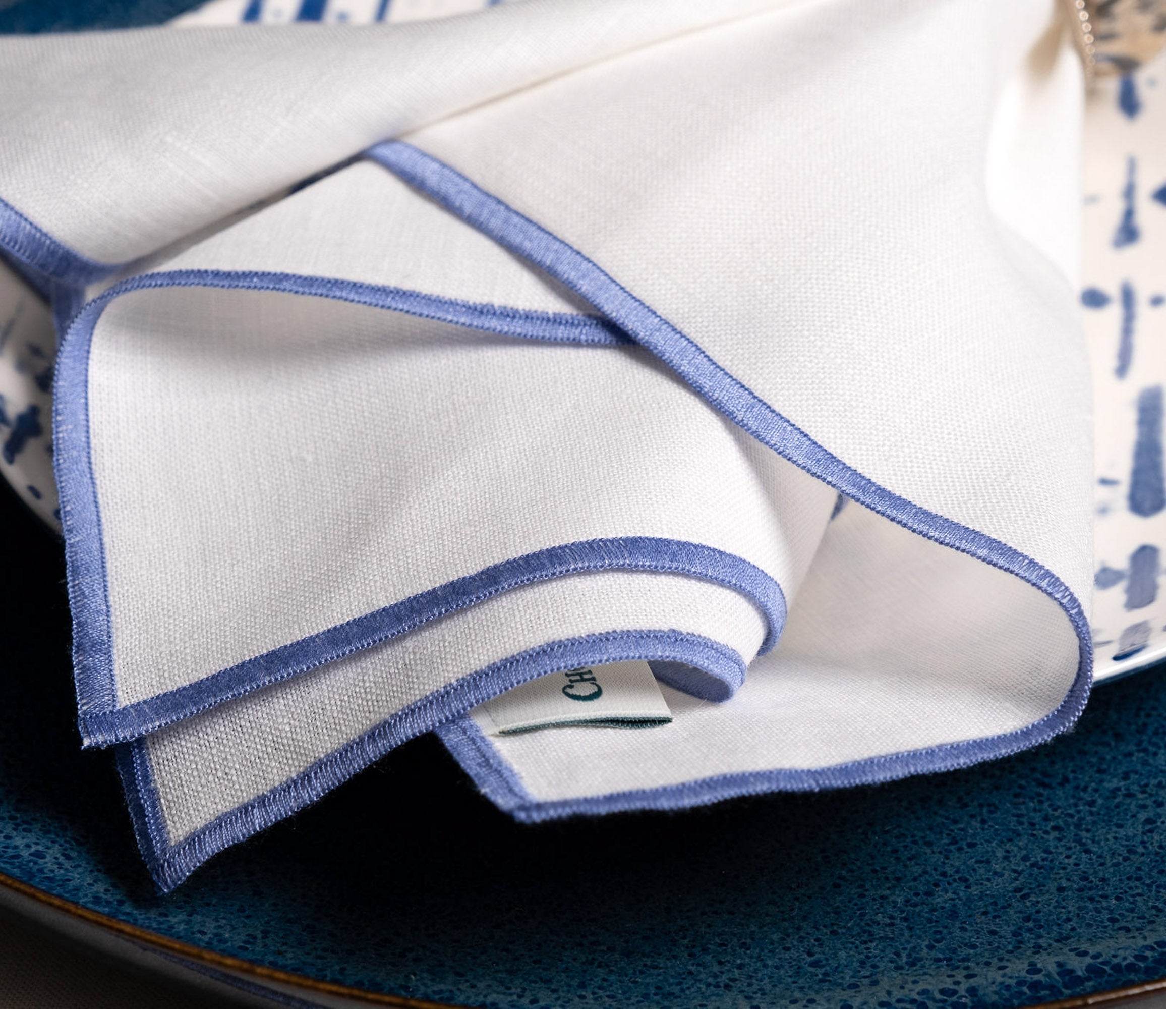 Linen Napkins With Blue Stitch Edges, Set of 4