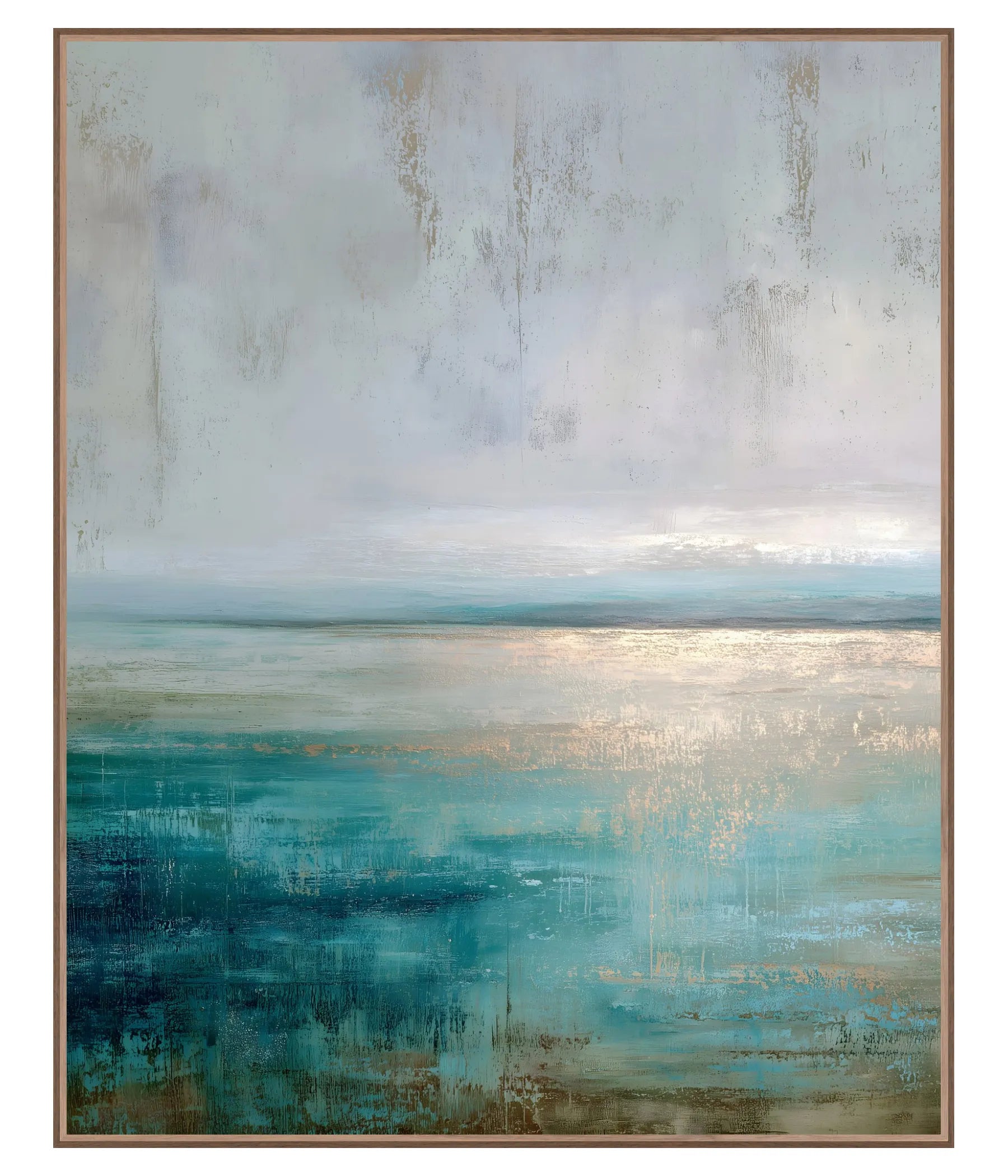 Luminous teal horizon abstract painting in walnut floating frame — large 40x50 landscape-style canvas print with soft sky tones and subtle gold-inspired highlights.