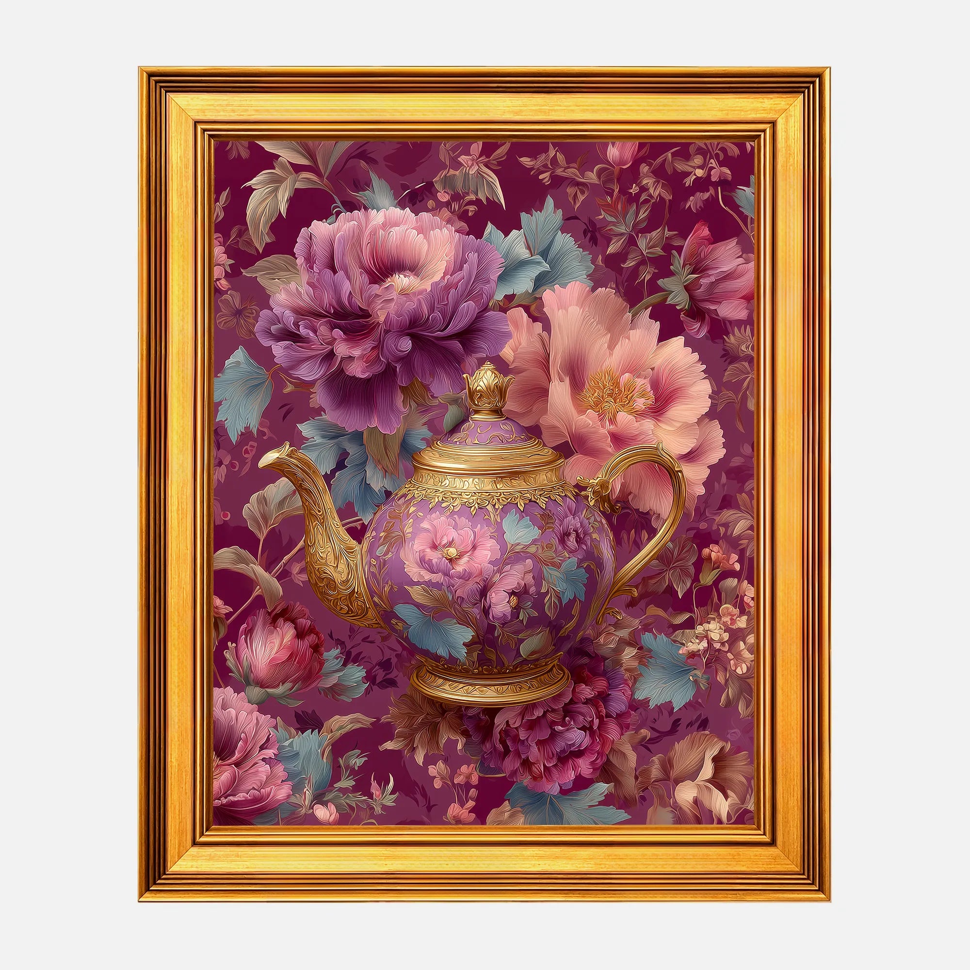 Mauve Peonies Teapot framed wall art in a burnished antique gold frame, 16 x 20 inch print size with 19.5 x 23.5 inch framed dimensions.