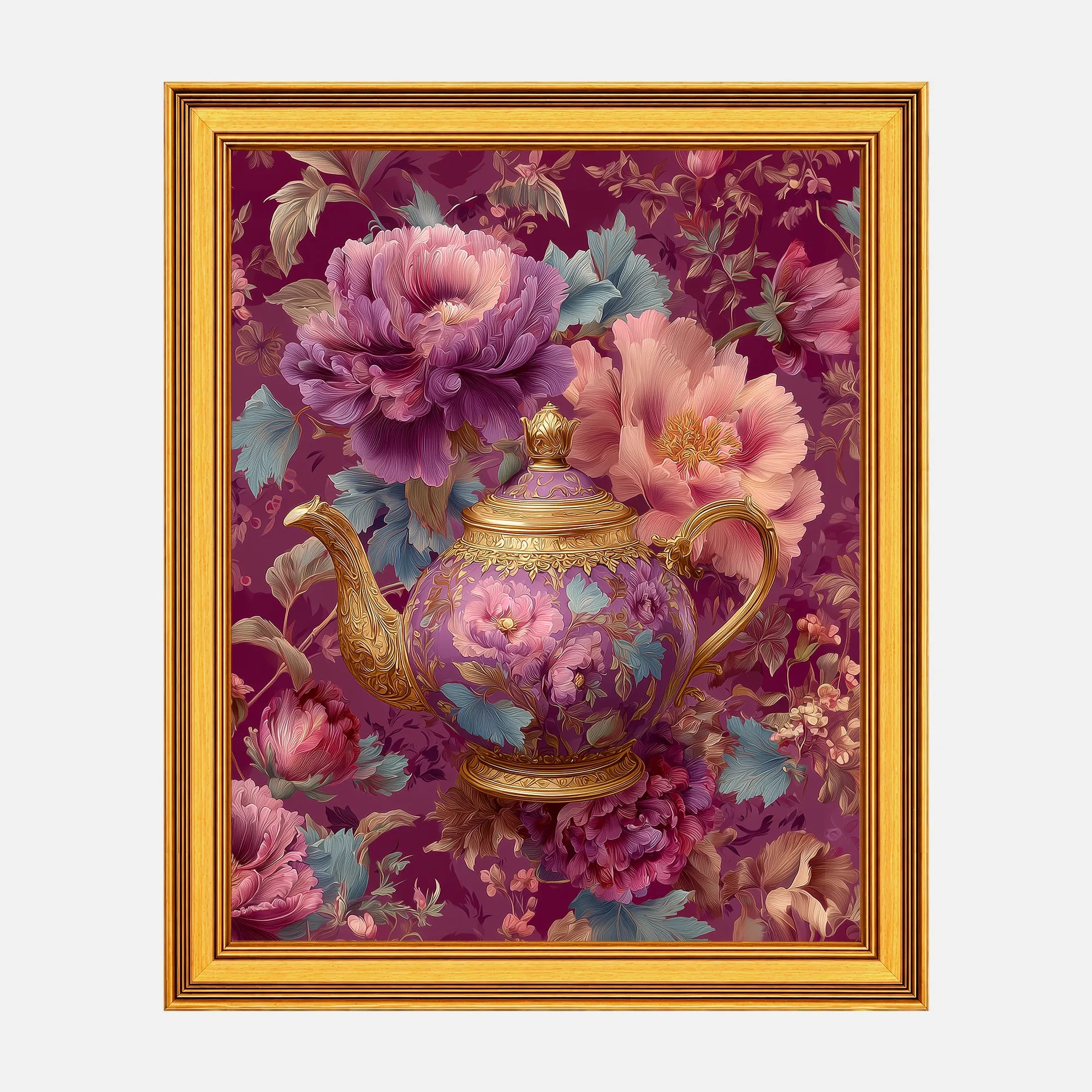 Mauve Peonies Teapot framed fine art print in a burnished antique gold frame, 20 x 25 inch print size with 23.5 x 28.5 inch framed dimensions.