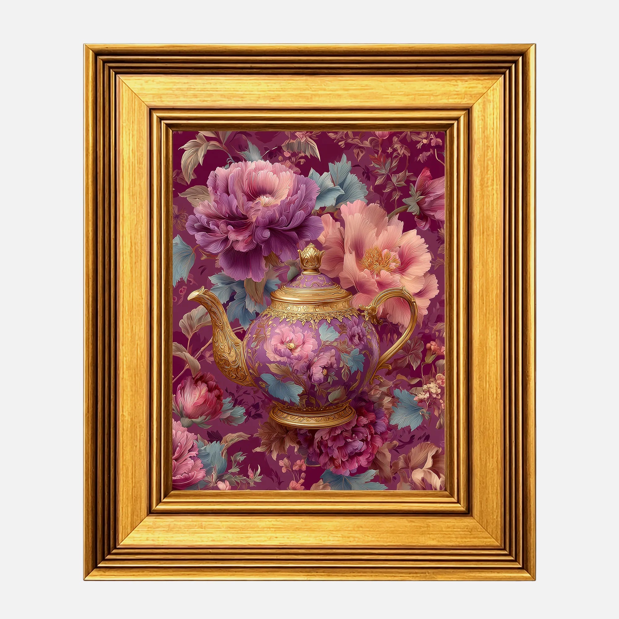 Mauve Peonies Teapot framed wall art in a burnished antique gold frame, 8 x 10 inch print size with 11.5 x 13.5 inch framed dimensions.