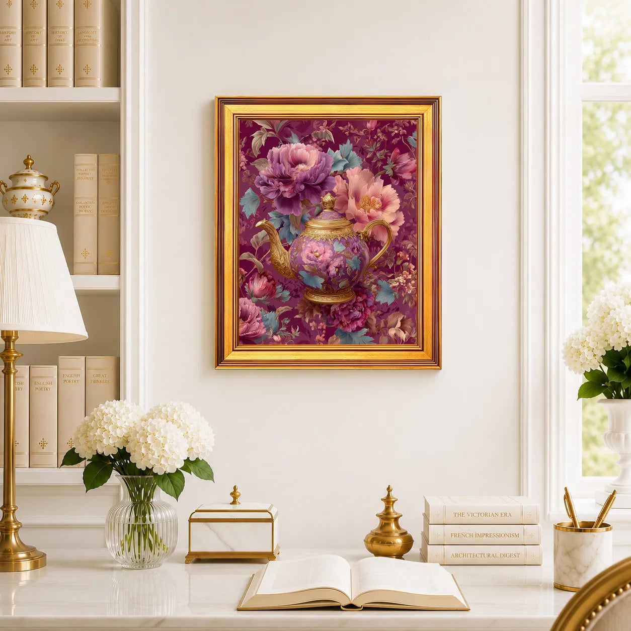 Small Mauve Peonies Teapot framed wall art displayed in an elegant traditional study with antique books, peonies, brass accents, and a burnished antique gold frame.