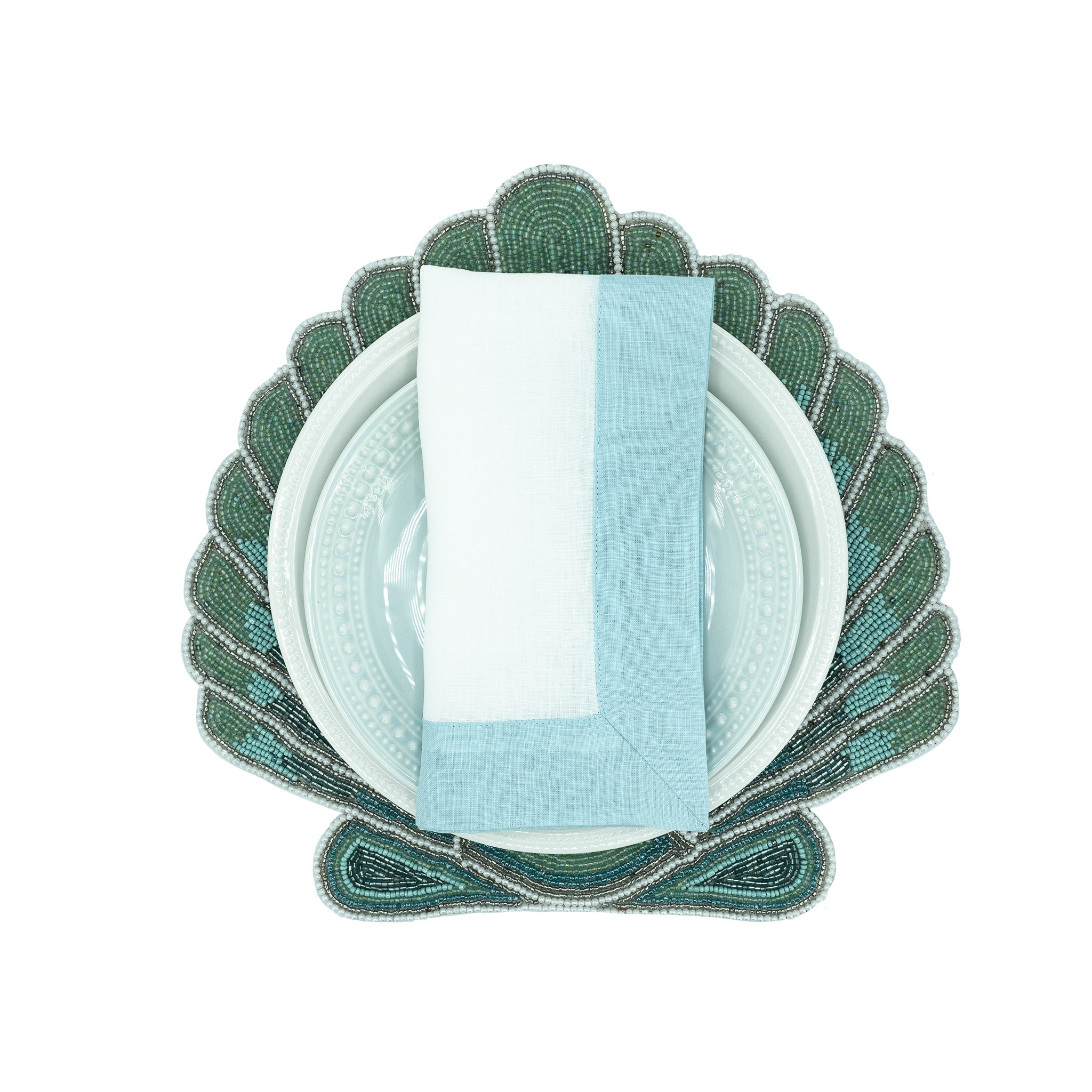 Mint Linen Napkins with Green Double Sided Borders, Set of 4