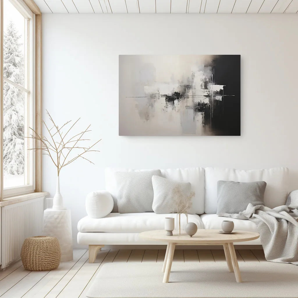 Modern living room with a white sofa, abstract painting, and decorative items.
