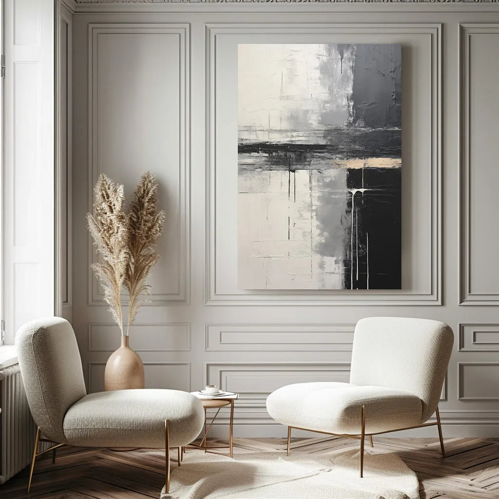 Modern living room with abstract art, chairs, and decorative elements.