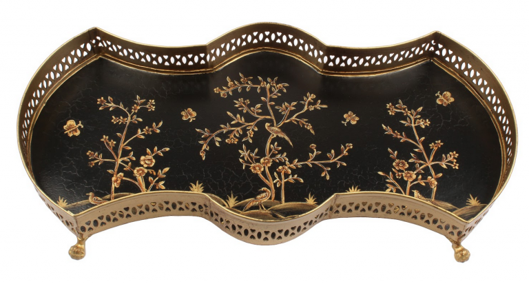 Black Scalloped Vanity Tray Hand Painted Delightful Scenic Design