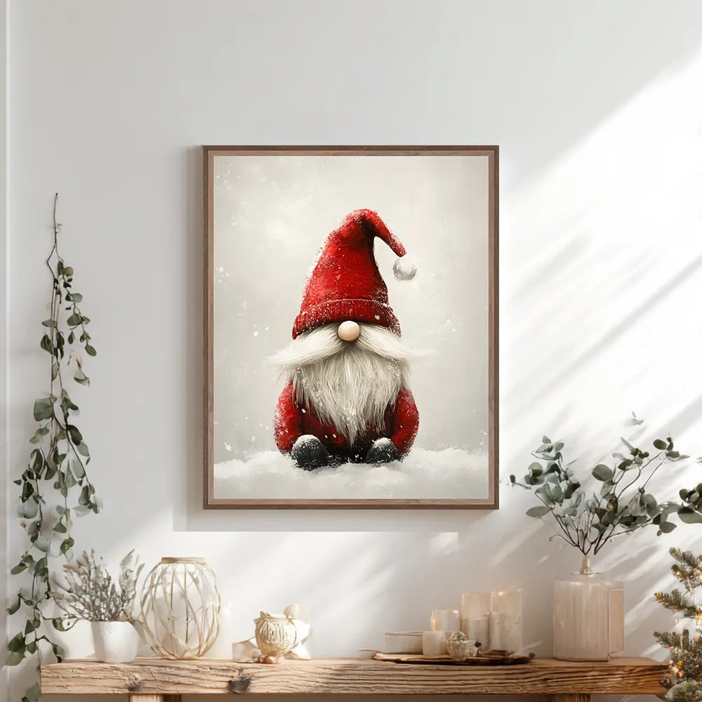 Nestled Christmas tree with lights and decorations, with a Holiday gnome canvas wall art hanging on the wall in a cozy living room.
