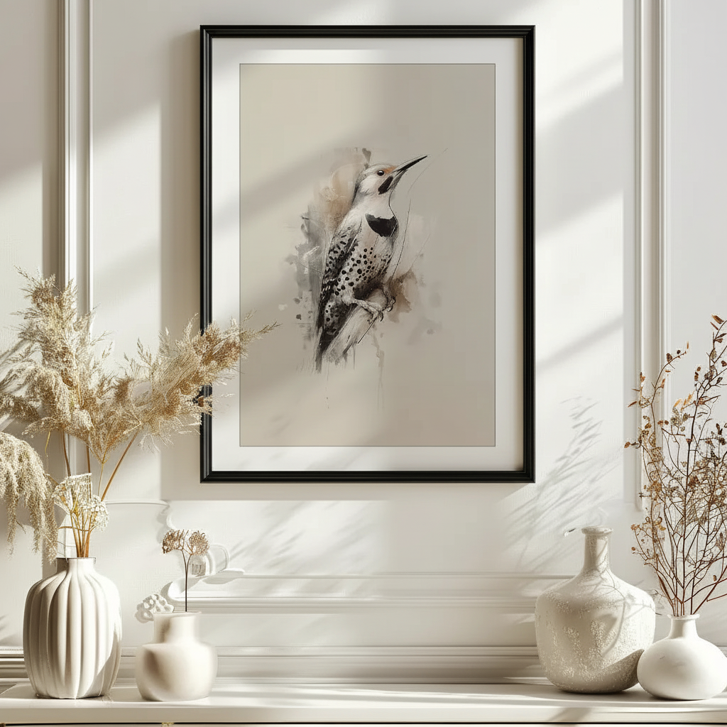 Framed artwork of a Northern Flicker bird on a neutral wall with decorative vases and plants.