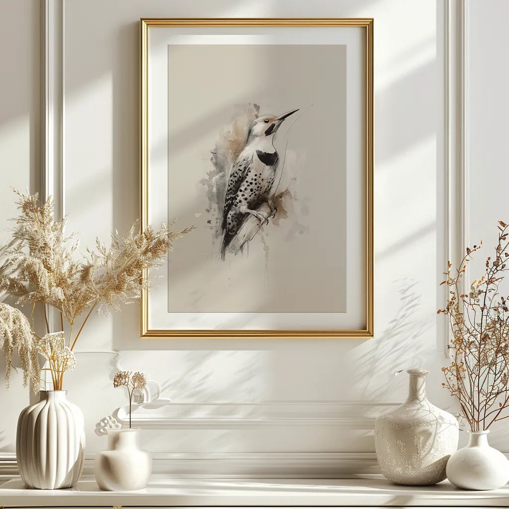Framed artwork of a Northern Flicker bird on a neutral wall with decorative vases below.