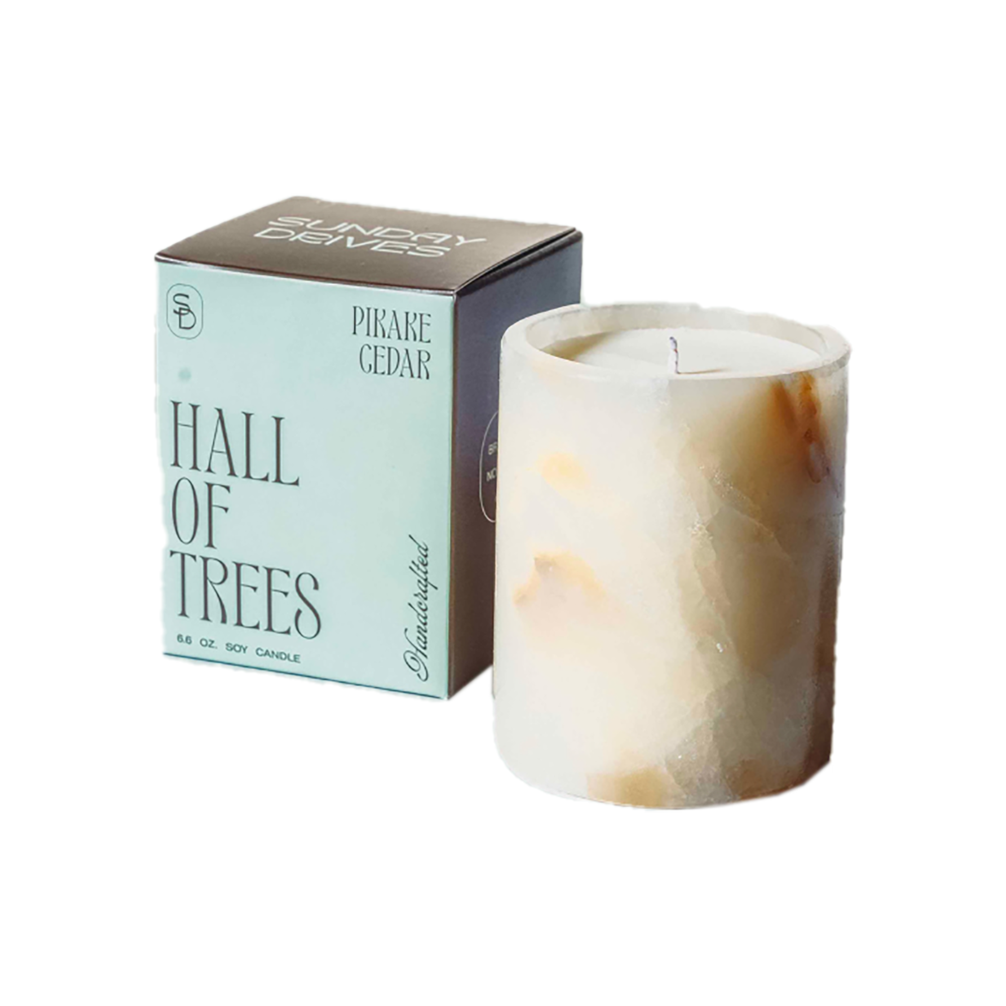 Candle with packaging labeled 'Hall of Trees' on a white background