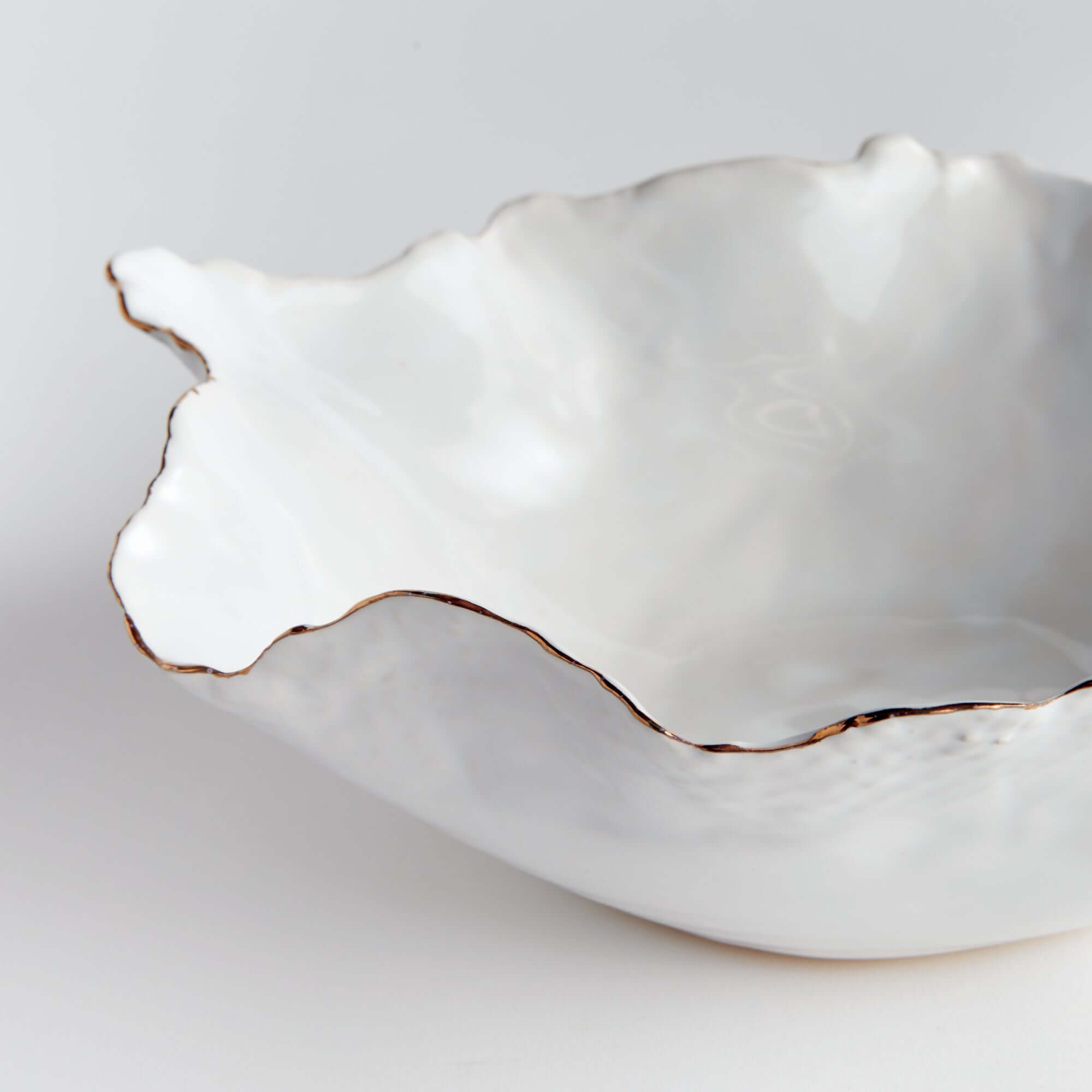 White ceramic shell-shaped dish on a light gray background