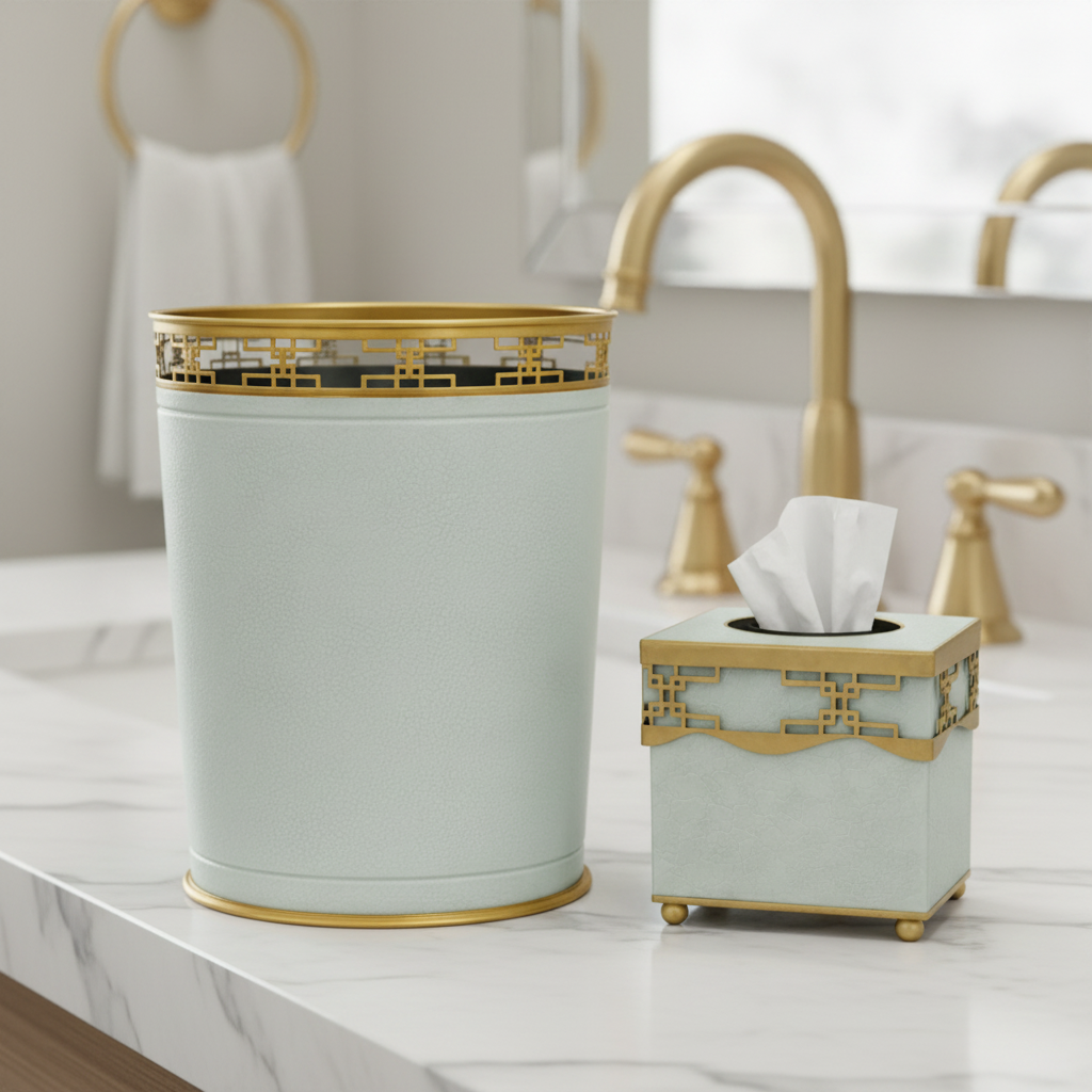 Light green oval trash can and tissue box with gold accents on a bathroom counter.
