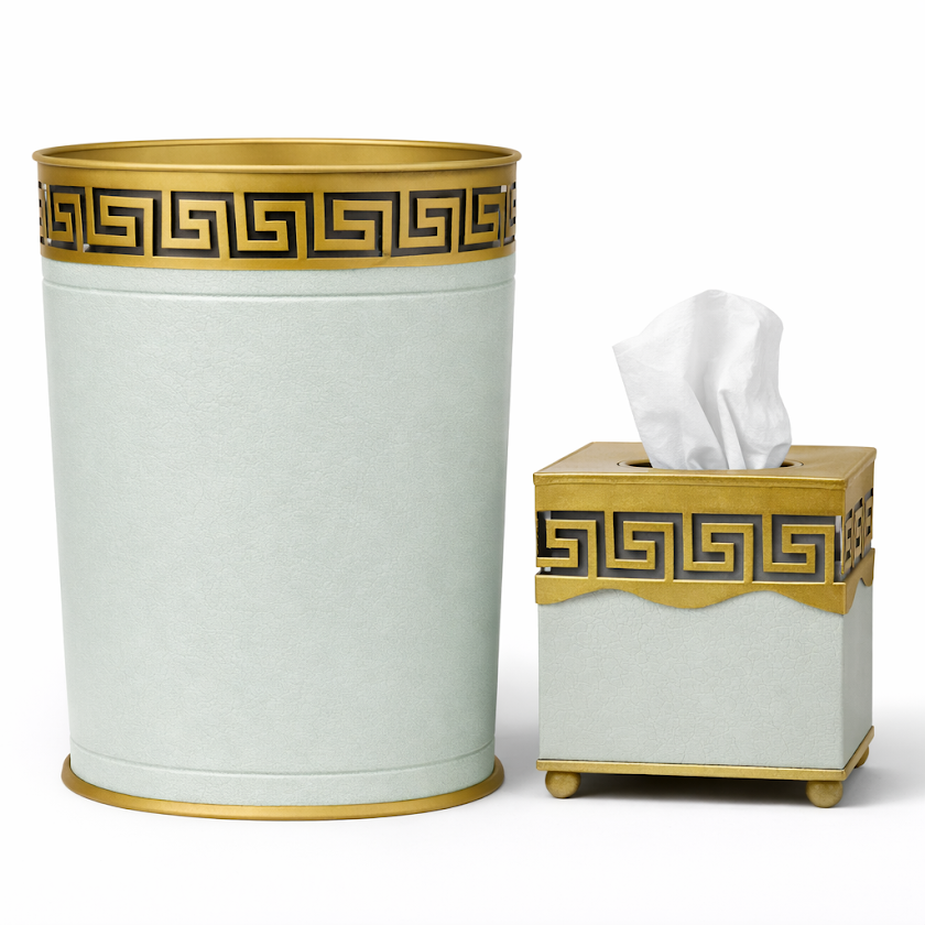 Soft green Greek key trash can and tissue box with gold and black decorative elements on a white background