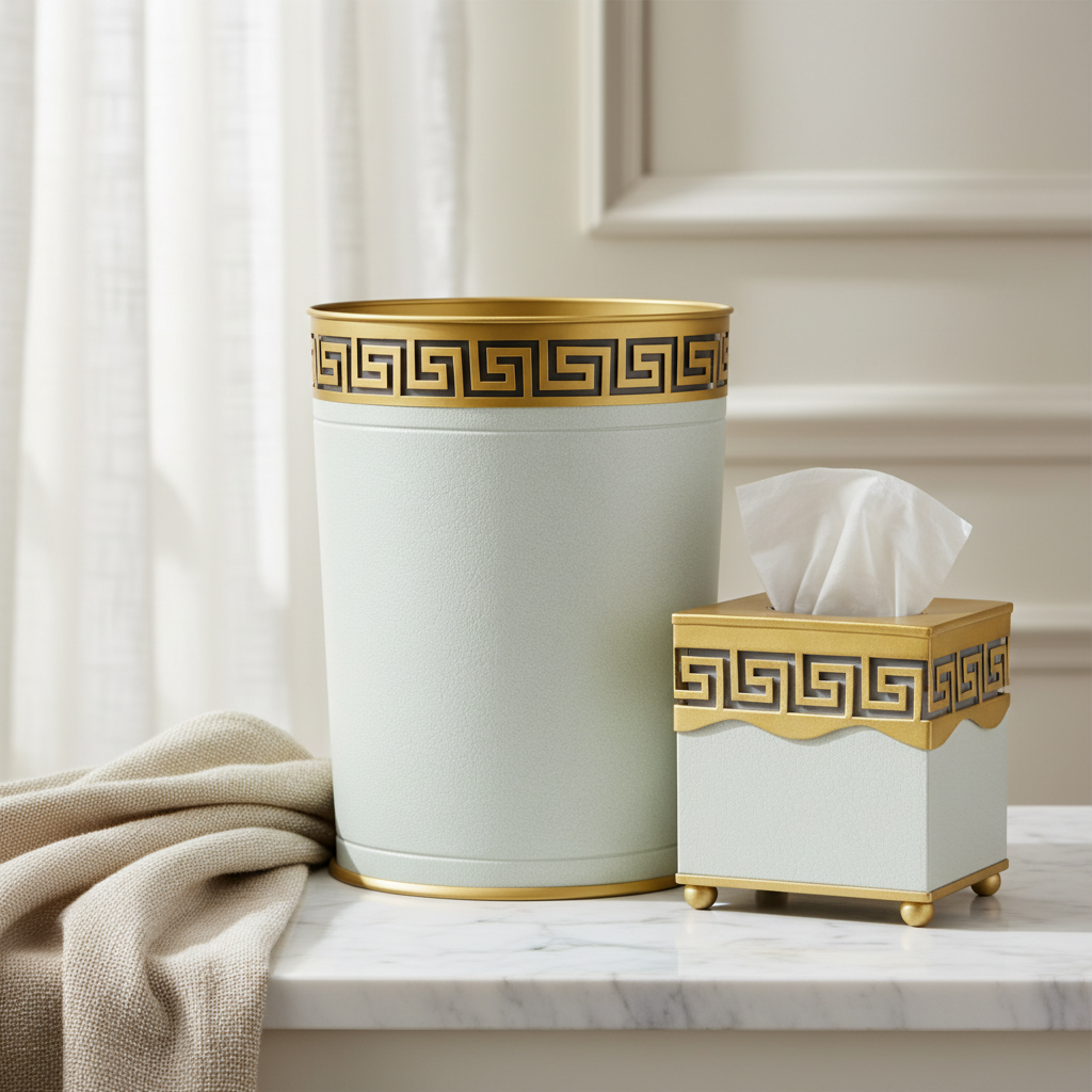 Decorative trash can and tissue box with gold detailing on a marble surface.