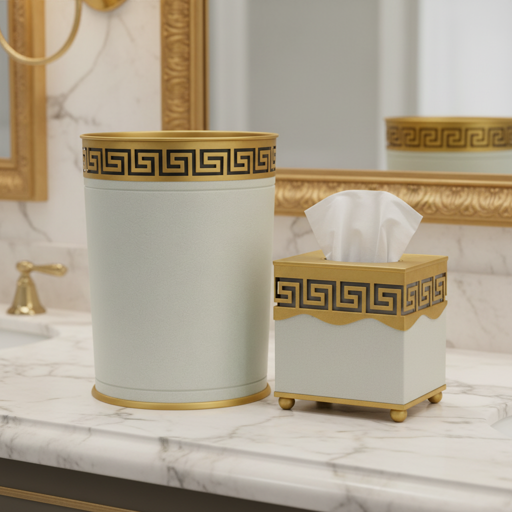 Soft green bathroom set with oval greek key design trash can and tissue holder on a marble countertop with gold accents.