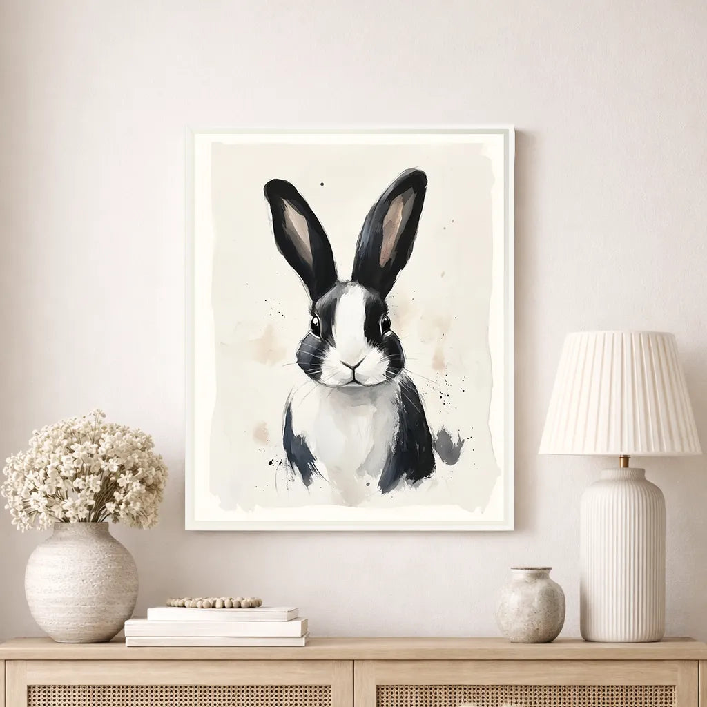 Framed artwork of a black and white rabbit on a wall above a console table with decorative items.