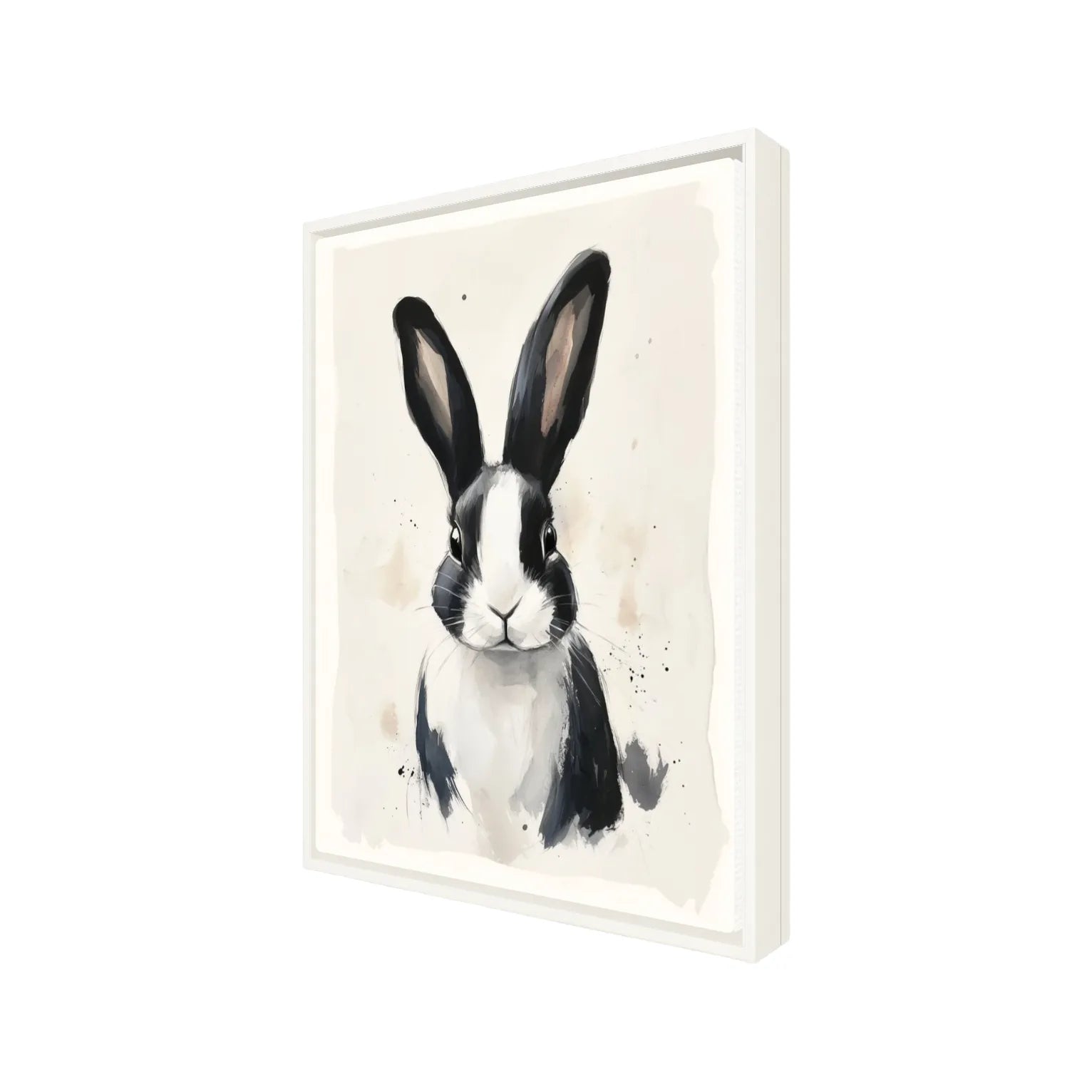 Painterly black and white rabbit wall art on satin canvas in a white floating frame, shown at an angle