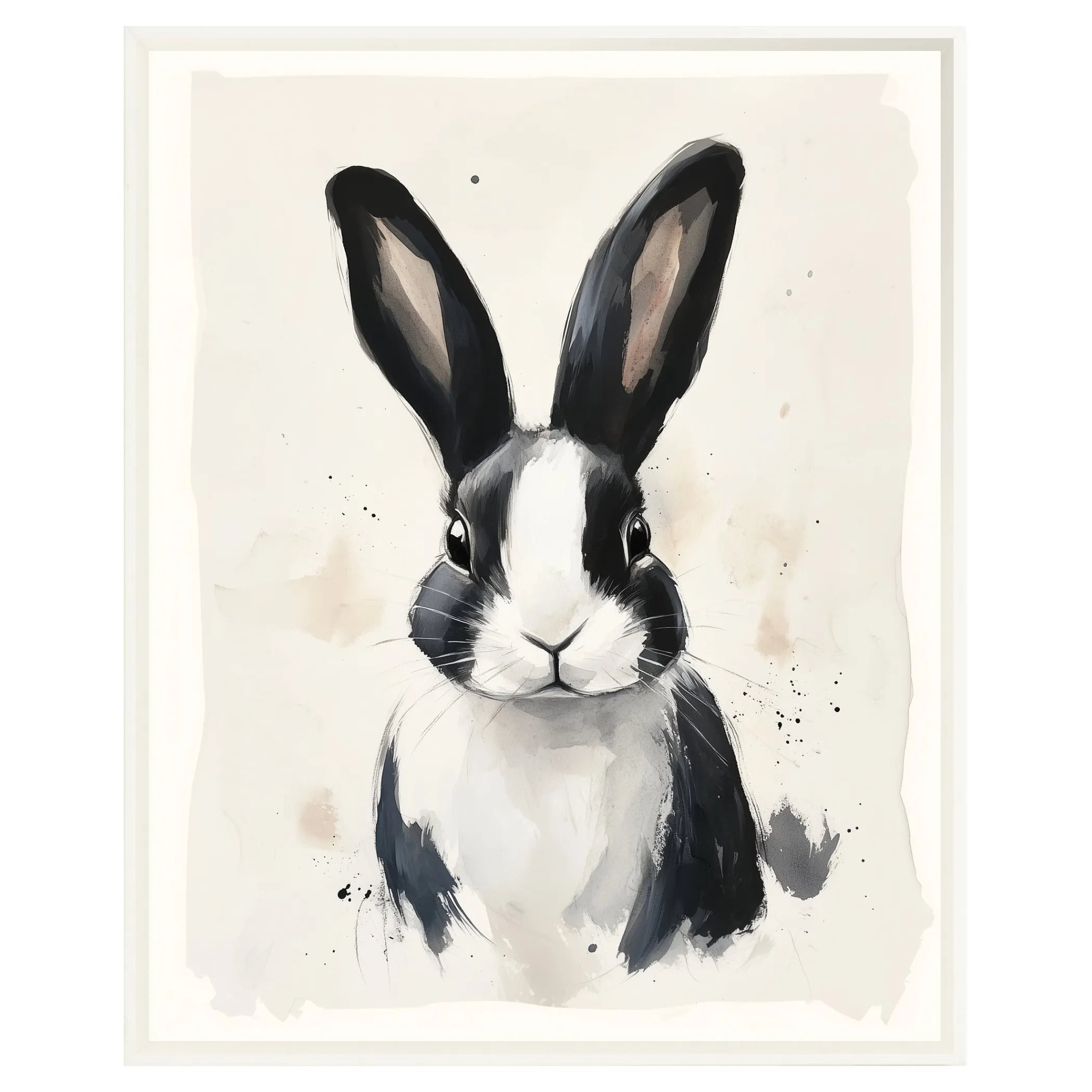 Painterly black and white rabbit wall art on satin canvas in a white floating frame, front view