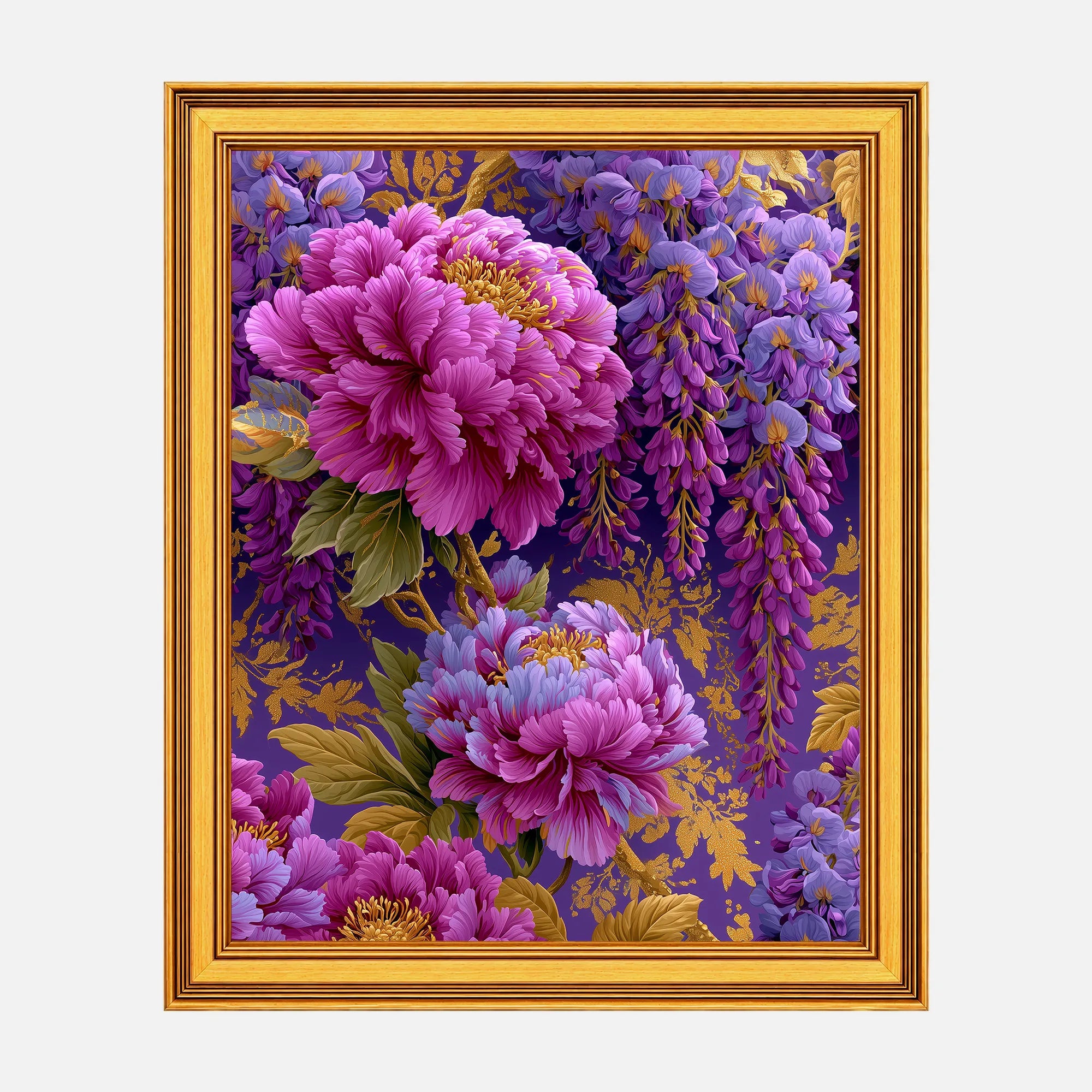 Peonies in Amethyst Wisteria framed fine art print in a burnished antique gold frame, 20 x 25 inch print size with 23.5 x 28.5 inch framed dimensions.