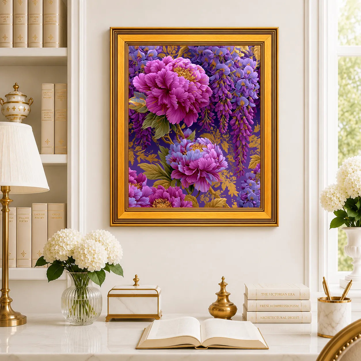 Large Peonies in Amethyst Wisteria framed wall art displayed in a traditional study with peonies, antique books, brass accents, and a burnished antique gold frame.