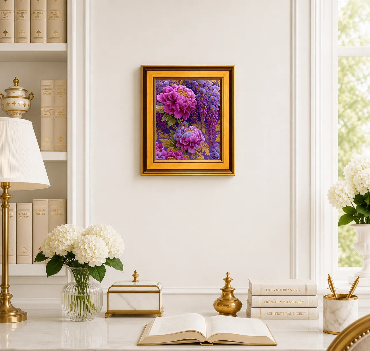 Small Peonies in Amethyst Wisteria framed wall art displayed in an elegant traditional study with antique books, peonies, brass accents, and a burnished antique gold frame.