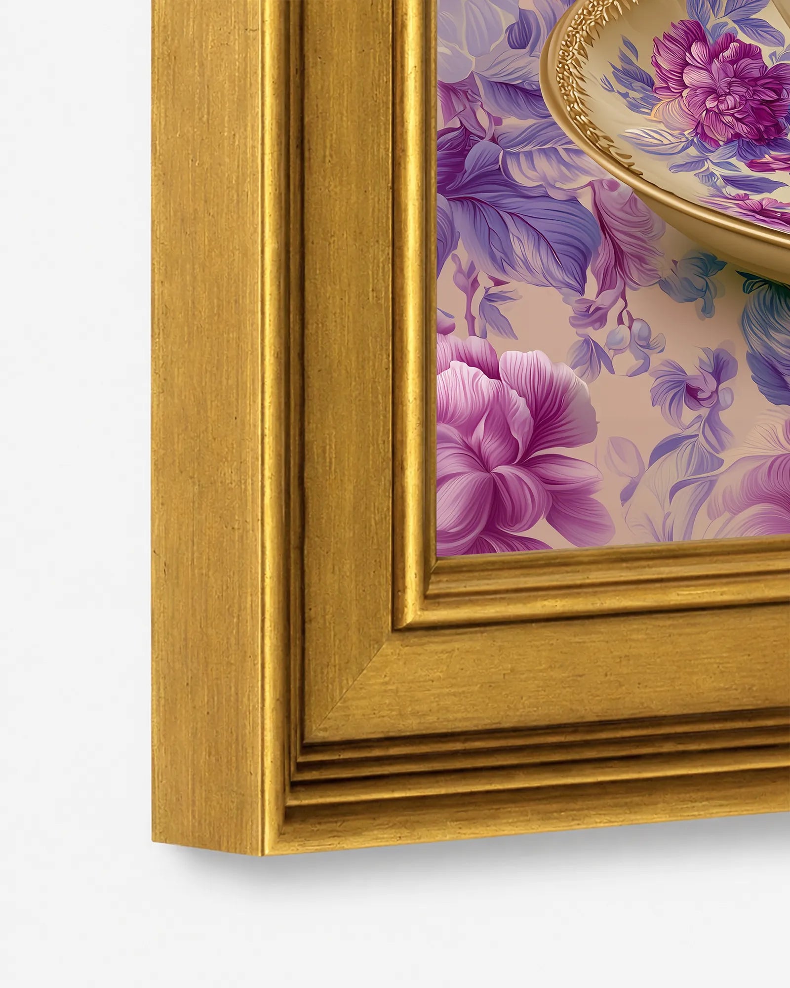 Close-up detail of the burnished antique gold wood frame used for Peonies in an Amethyst Teacup framed wall art, showing the profile, finish, and craftsmanship.
